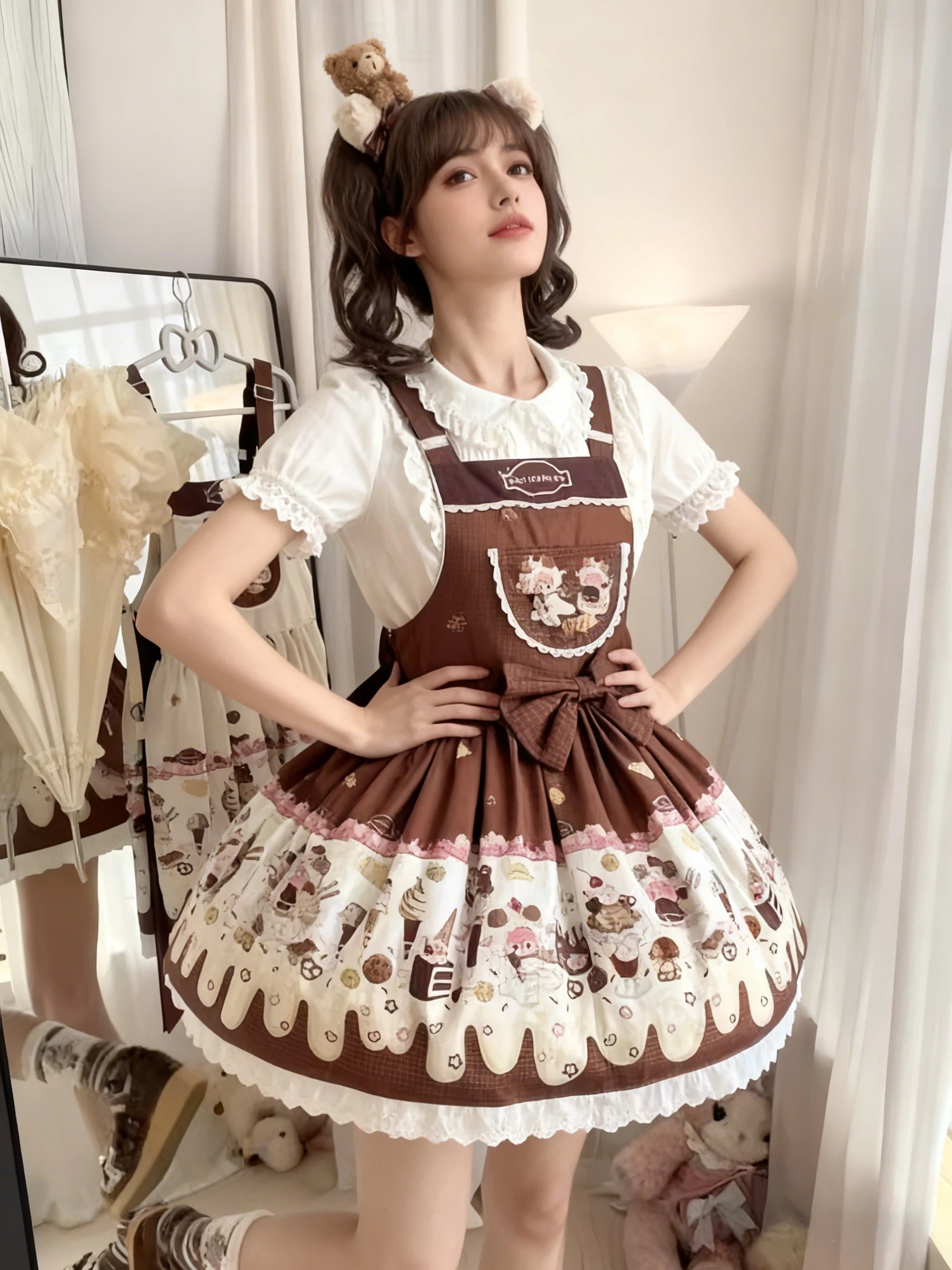 Sweet Lolita Dessert Print JSK Dress Chocolate Apron Style Jumperskirt