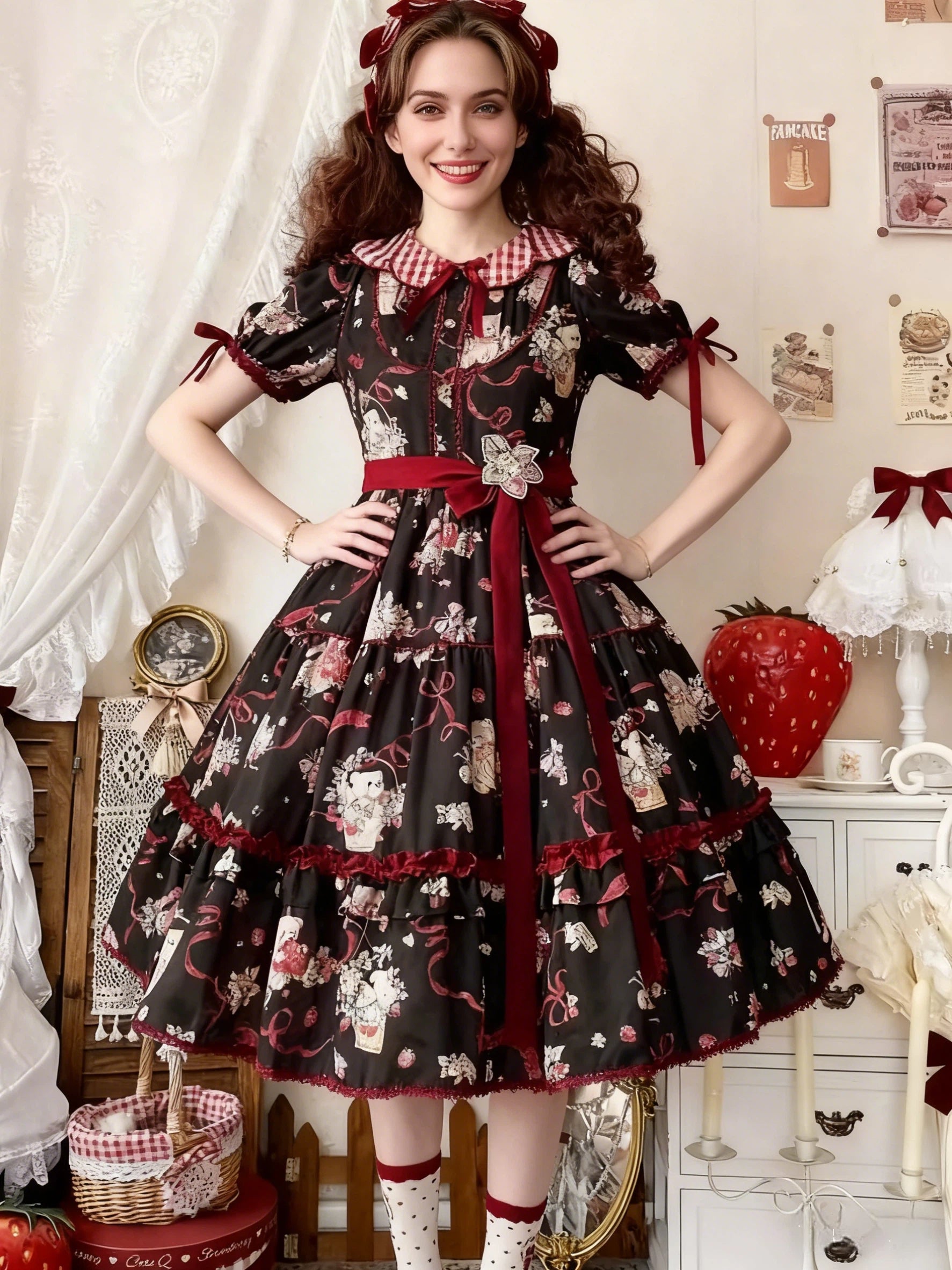 Sweet Lolita Gothic Bear OP Dress Black with Burgundy Bow Layer Skirt