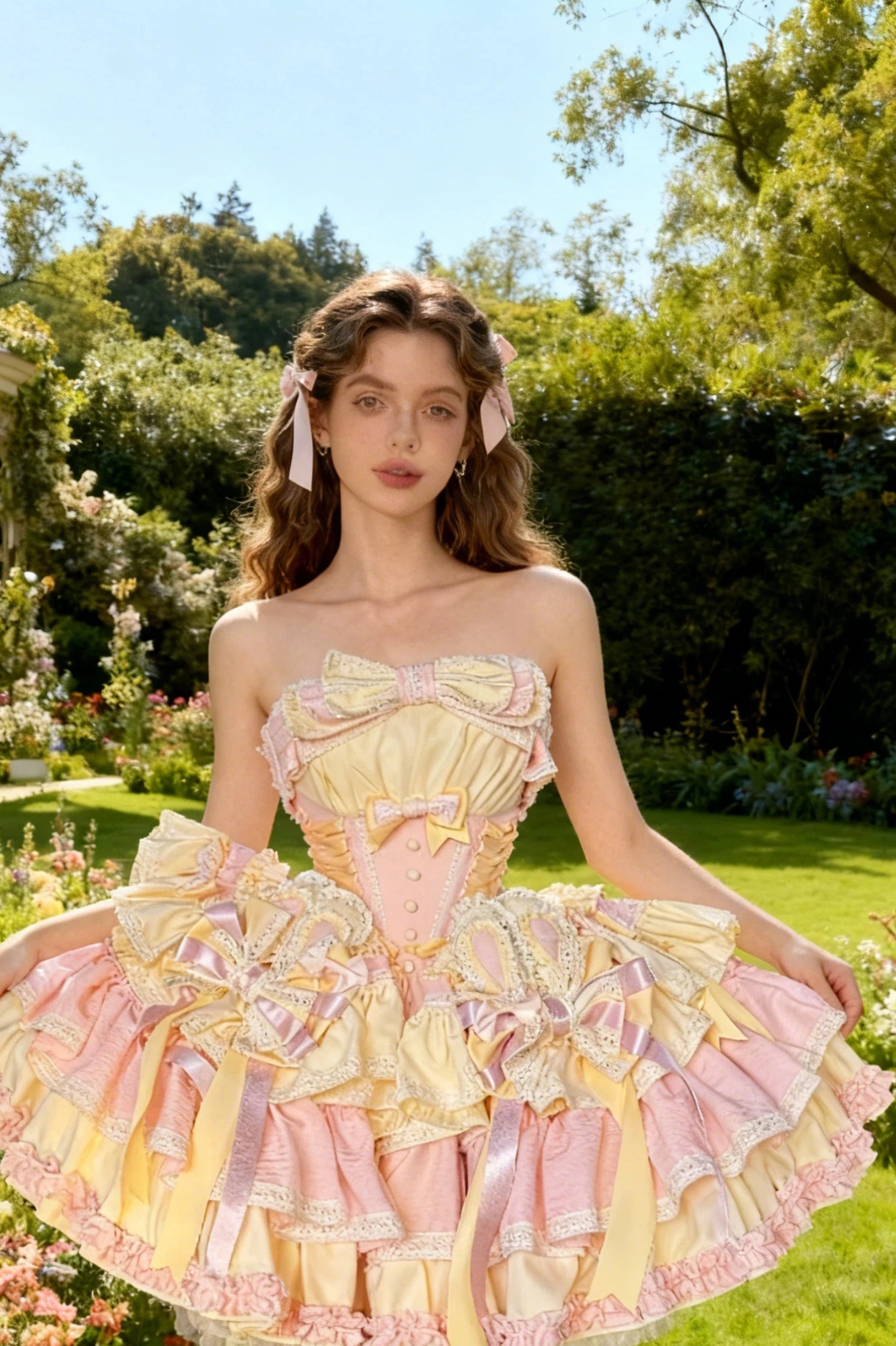 Sweet Lolita Macaron Pink Yellow Kawaii Princess Ball Gown for Tea Party