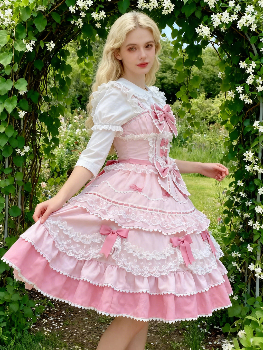 Sweet Lolita Pink Ruffled Bow Cake Dress Frilly Lace Princess Ball Gown for Party