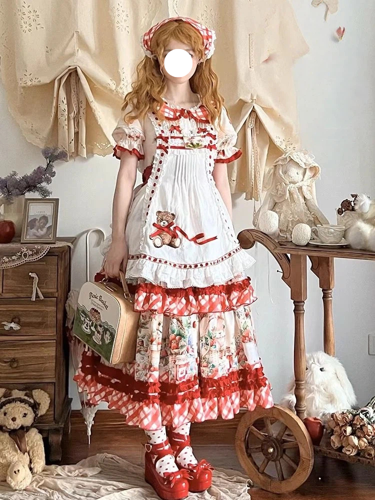 Sweet Lolita Picnic Strawberry OP Dress with Ruffles and Gingham Apron Details