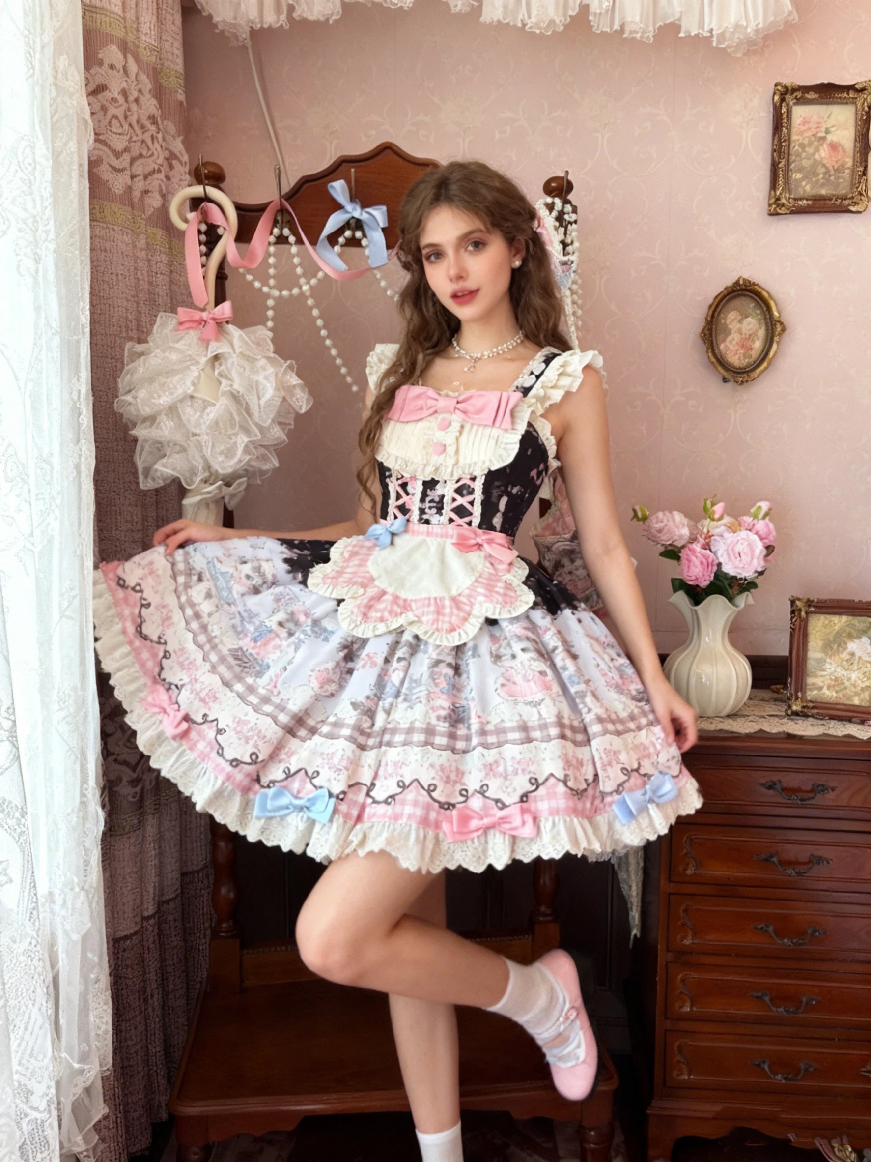 Sweet Lolita Pink Black Meow JSK Fluffy Cat Print Pastel Cake Dress 2 Colors