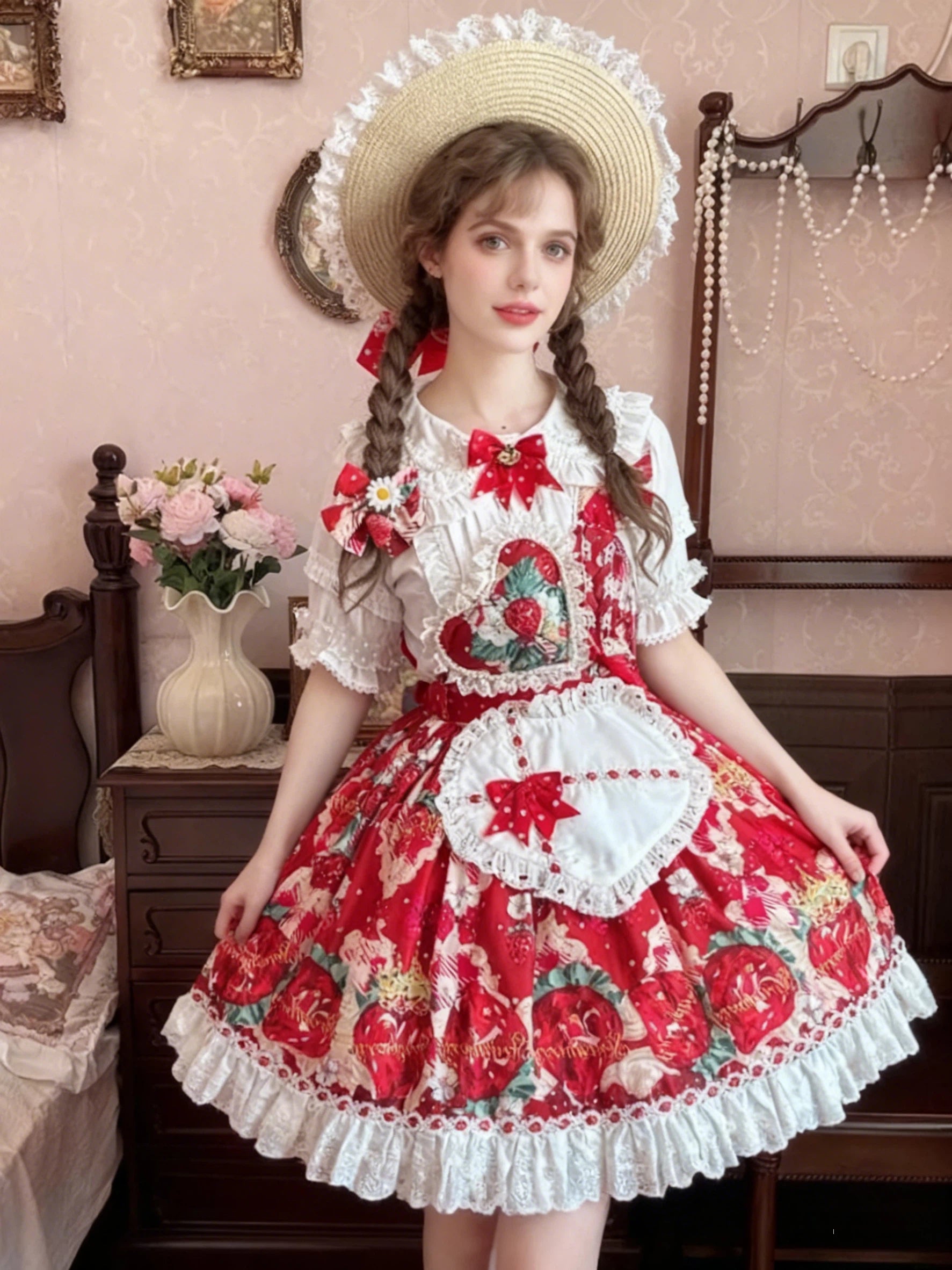 Sweet Lolita Strawberry Apron JSK Set Red Print with White Lace Inner Blouse