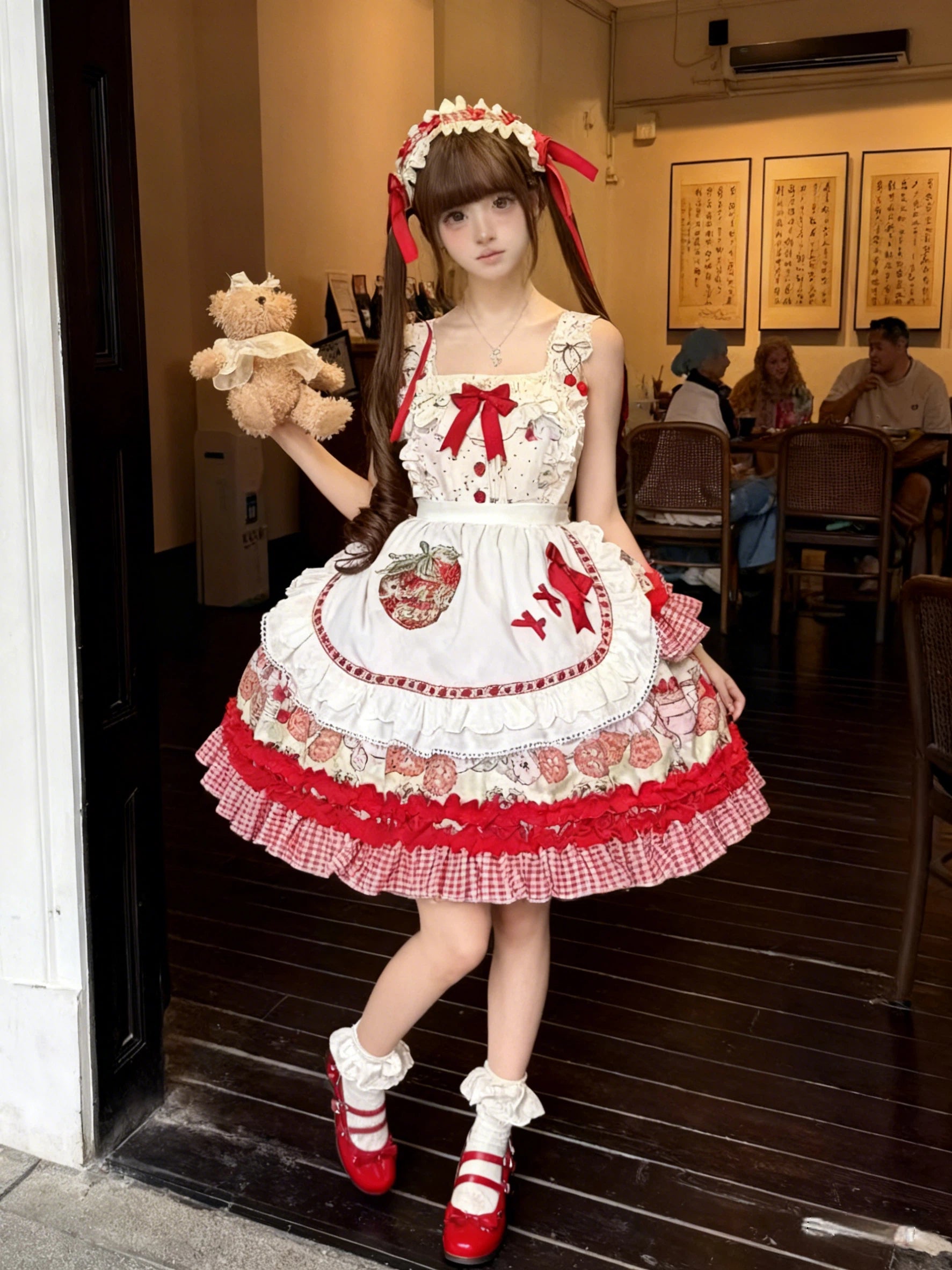 Sweet Lolita Strawberry Apron JSK Set Red White Ruffled Dress Headband