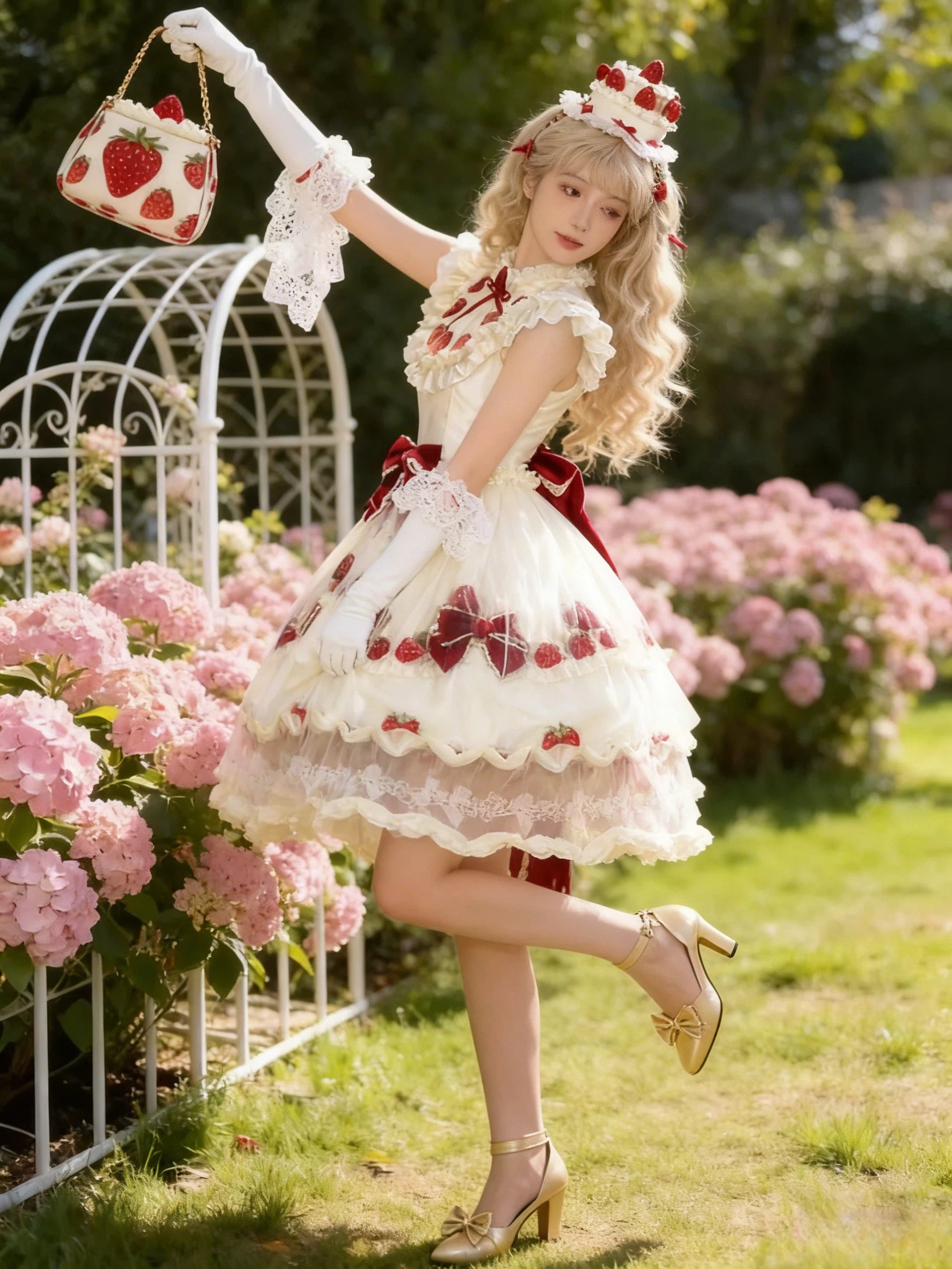 Sweet Lolita Strawberry Cream Ball Gown OP Luxury Tier Rococo Long Dress S-L
