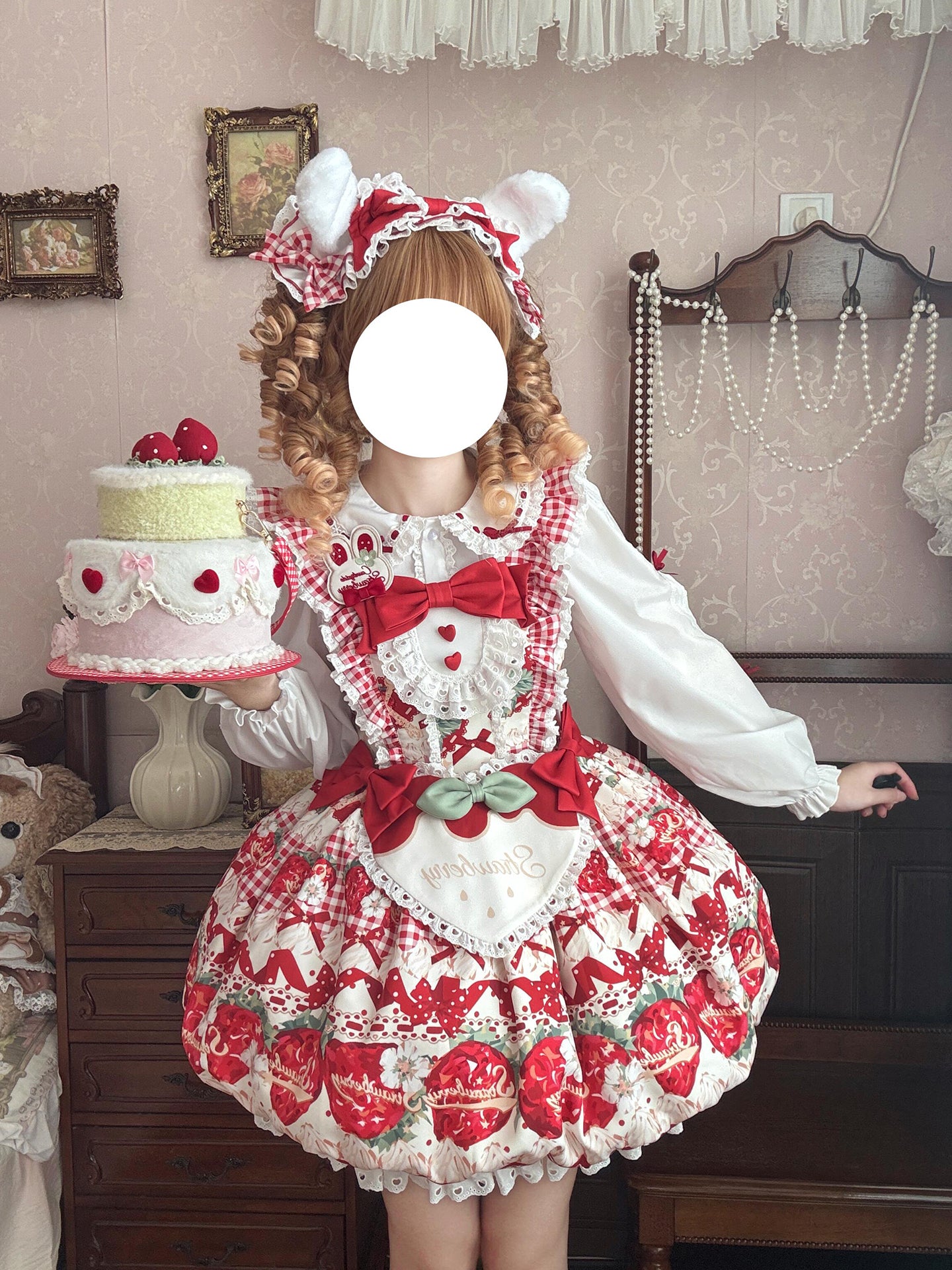 Sweet Lolita Strawberry Dessert Bunny JSK Dress with Ruffled for Tea Party