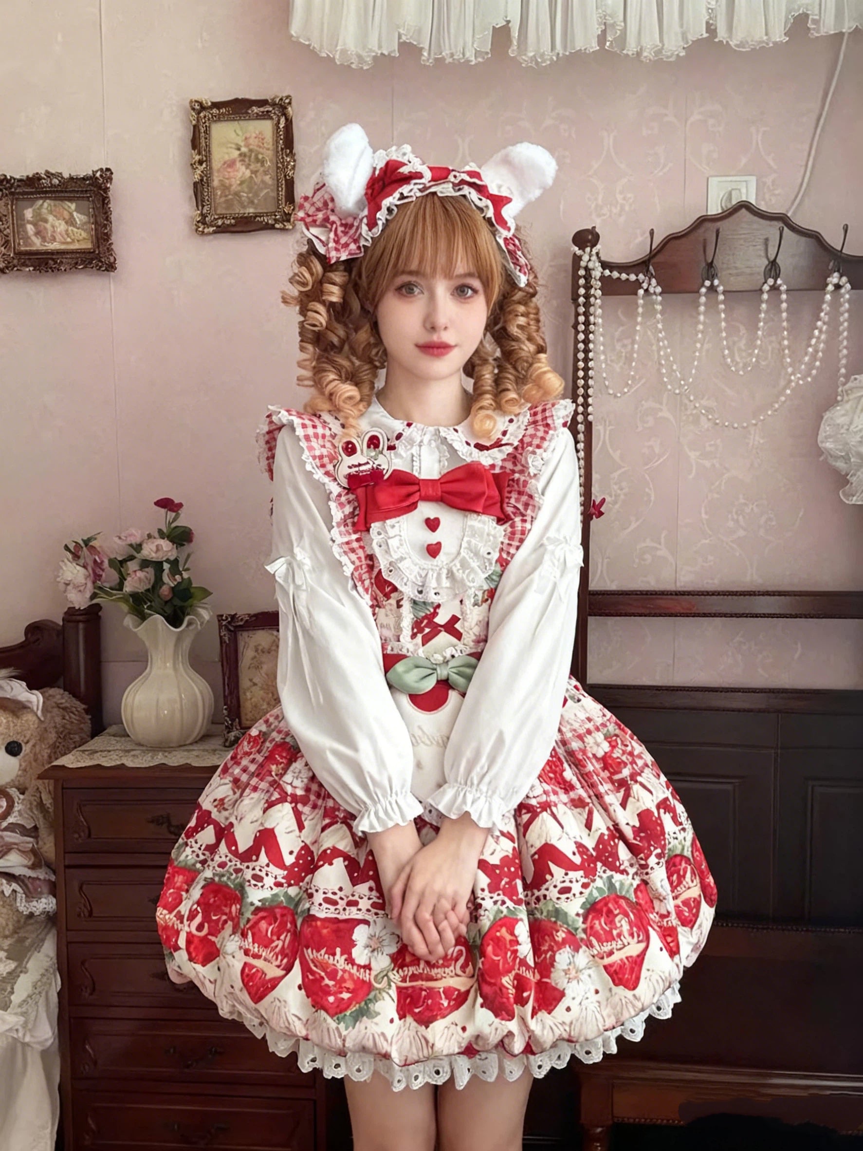 Sweet Lolita Strawberry Dessert Bunny JSK Dress with Ruffled for Tea Party