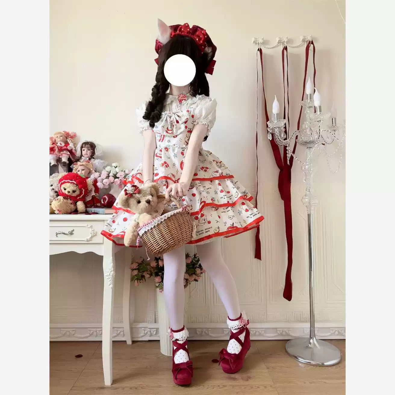 Sweet Lolita Strawberry Doll OP Dress Cute Printed Short-Sleeve Gown