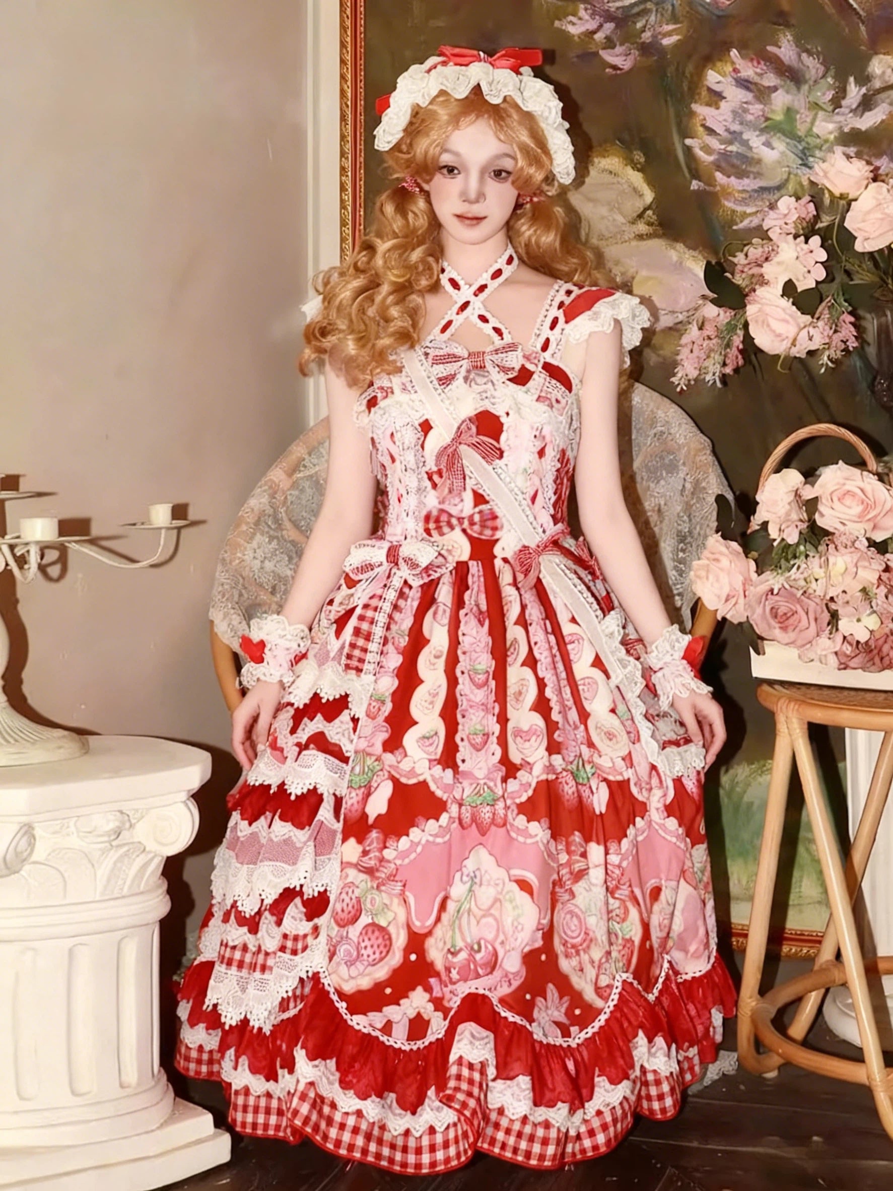 Sweet Lolita Strawberry JSK Dress Red Pink Ruffled Lace Checked Print