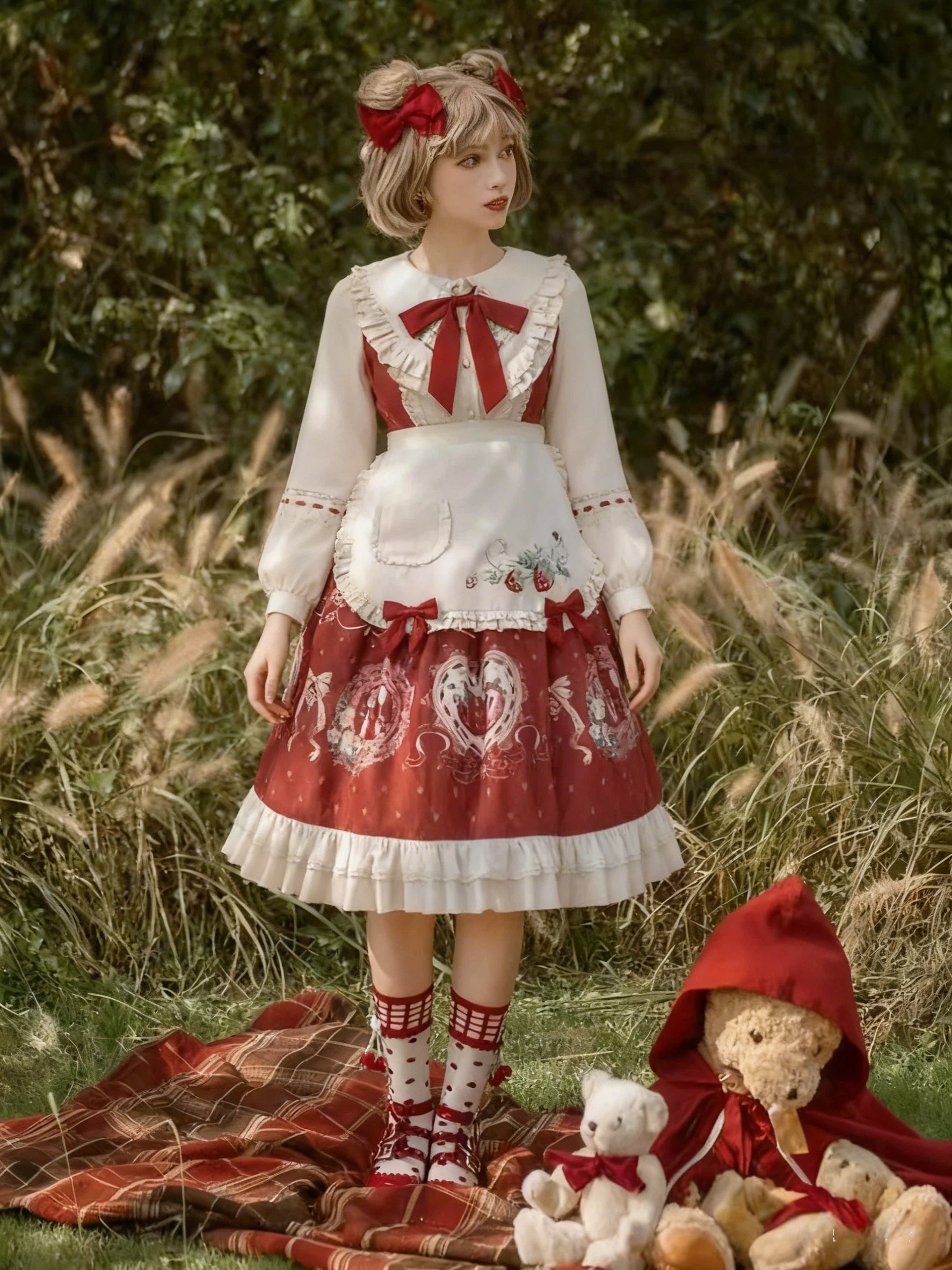 Sweet Lolita Strawberry OP Dress with Cape Burgundy Cream Ruffled Embroidery Set