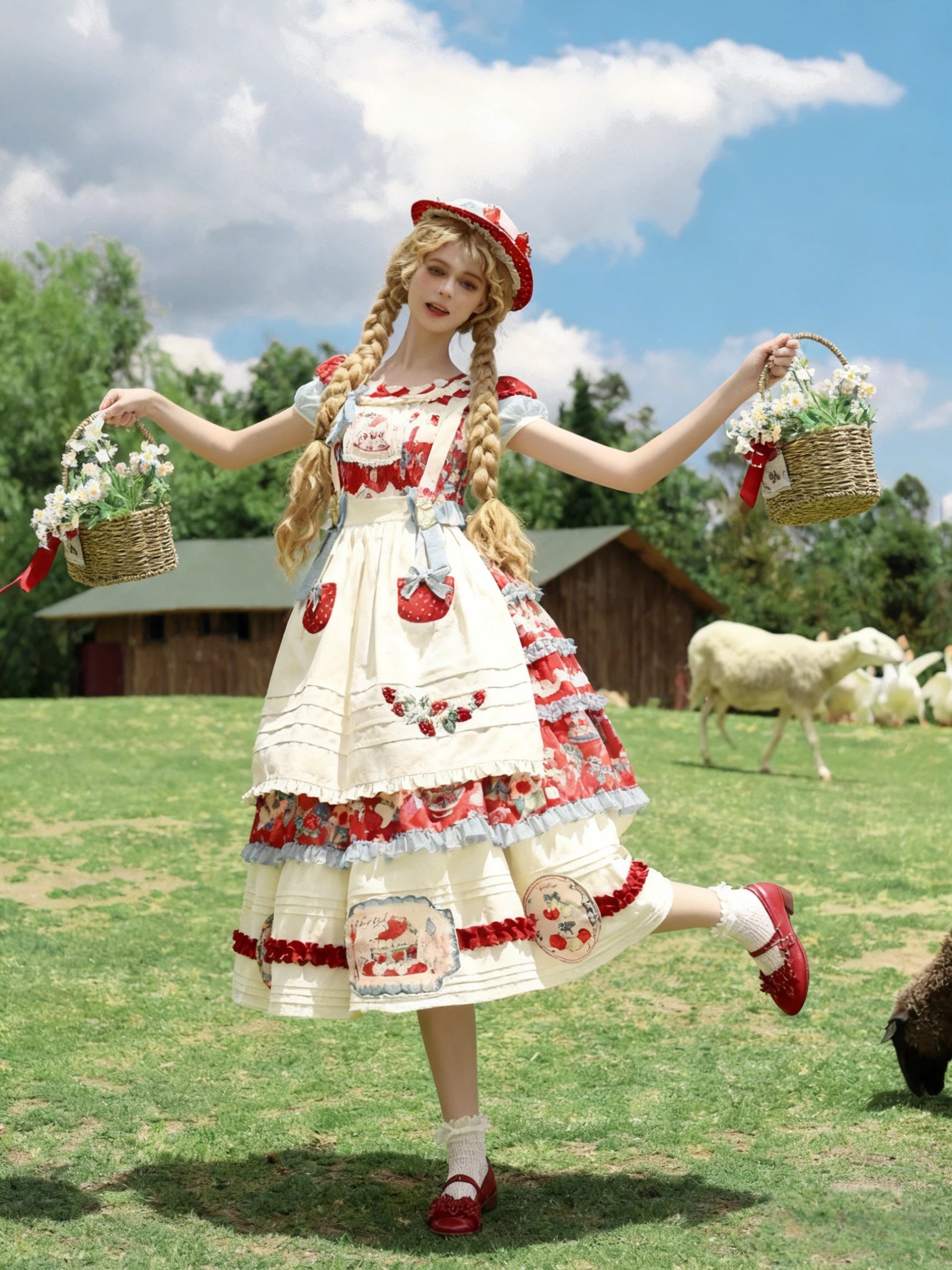Sweet Lolita Strawberry Tart Dress Red White Rose Print Ruffled Apron