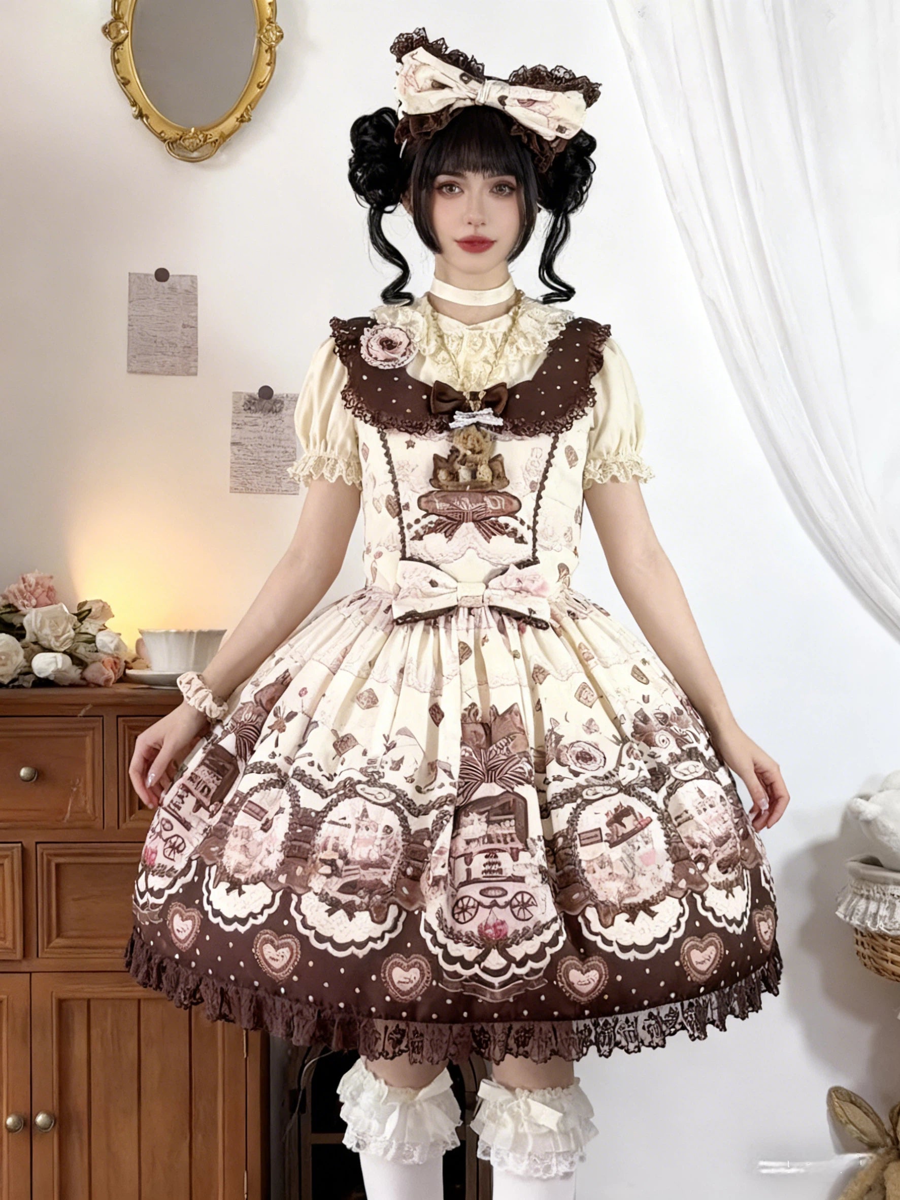 Sweet Lolita Teddy Bear Beige Cream Cake Dress Pink Plush Print Jumperskirt