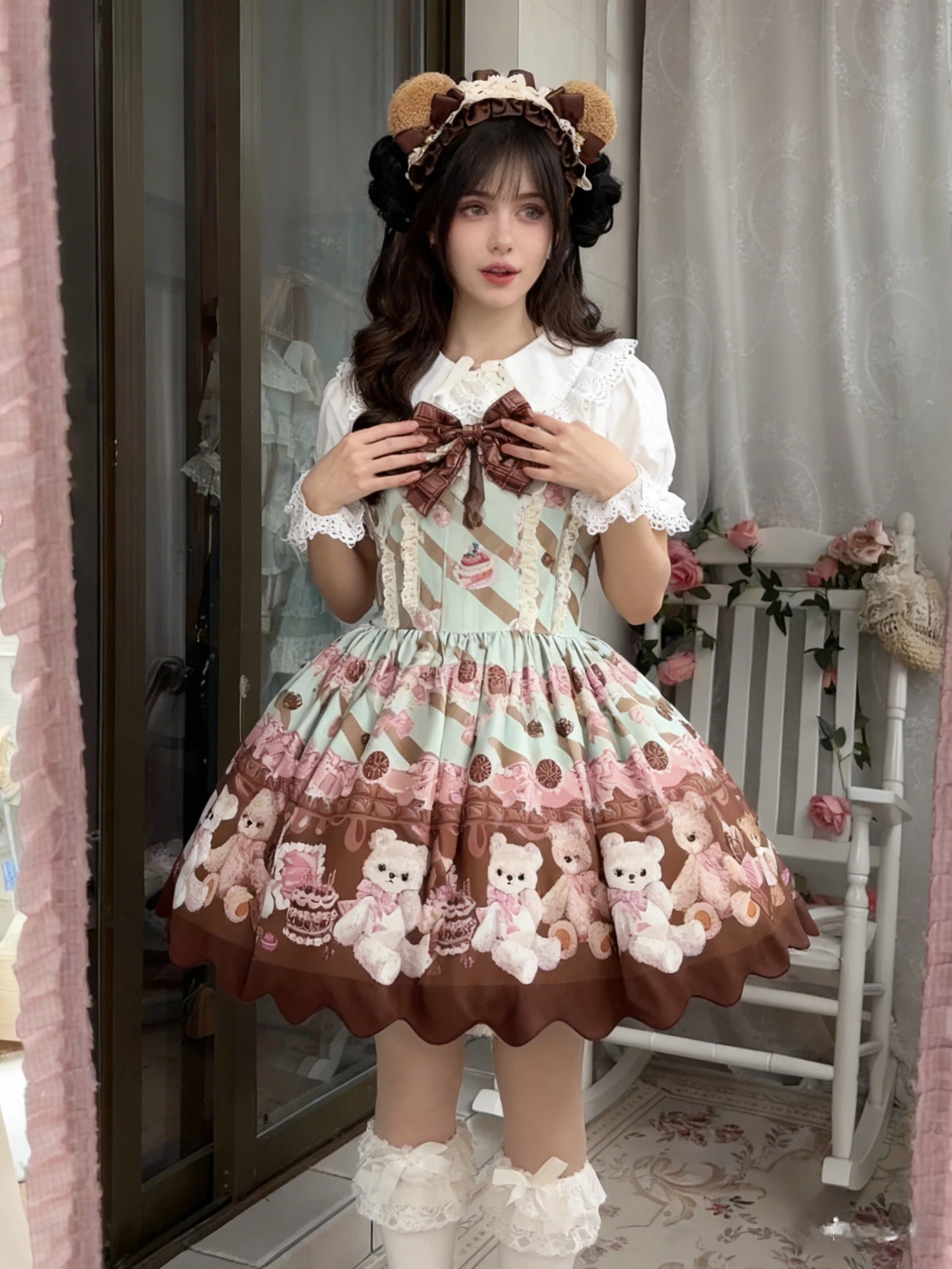 Sweet Lolita Teddy Bear Mint Green Cake Dress Plush Print Jumperskirt