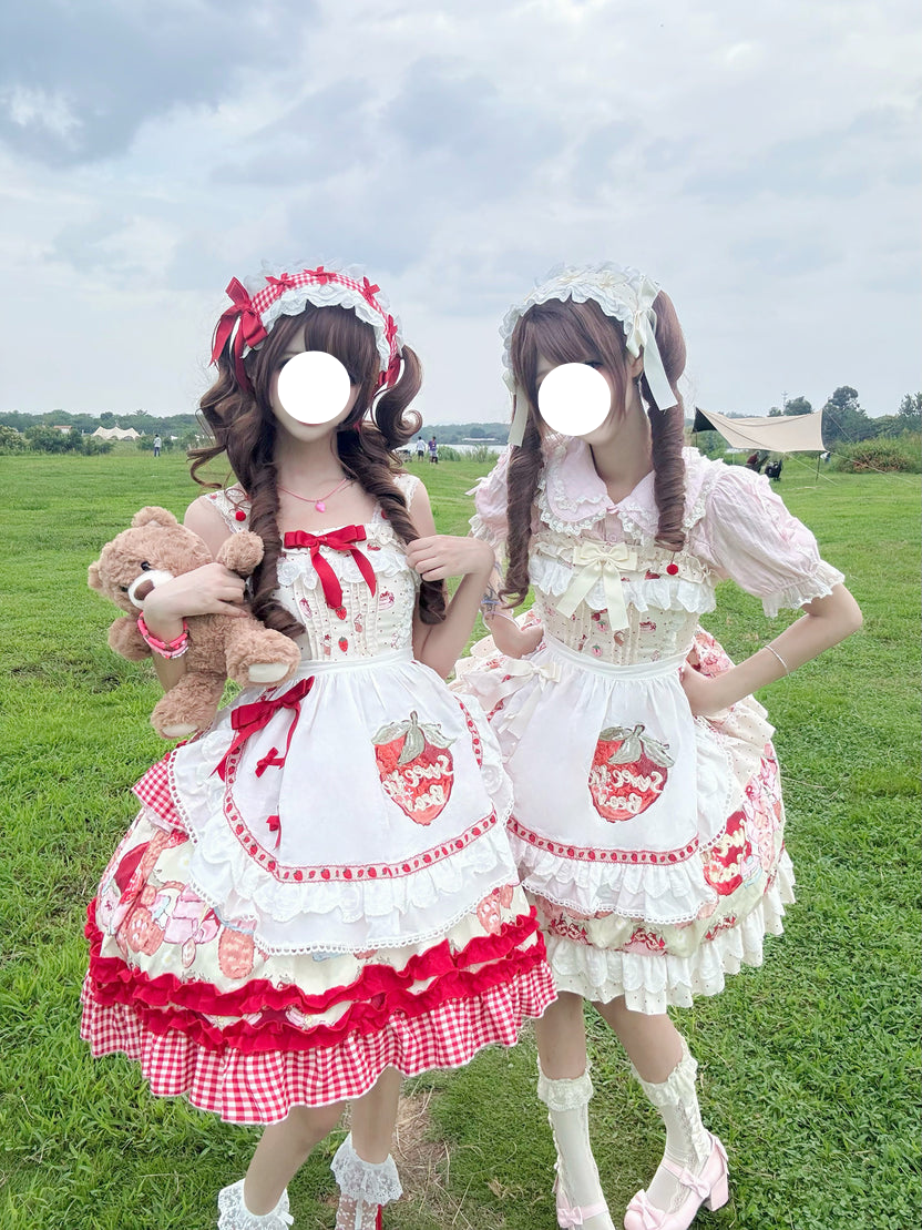 Sweet Lolita Strawberry Apron JSK Set Red White Ruffled Dress Headband