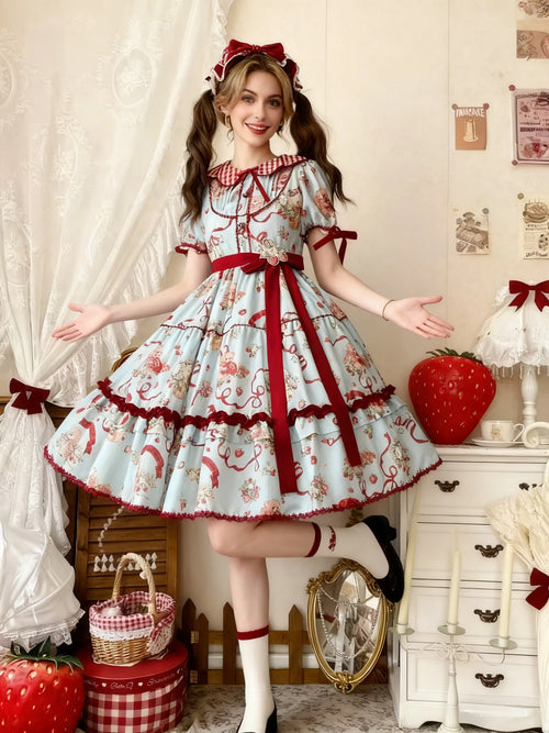 Sweet Lolita Bear Print OP Dress Light Blue with Burgundy Bow Layer Skirt