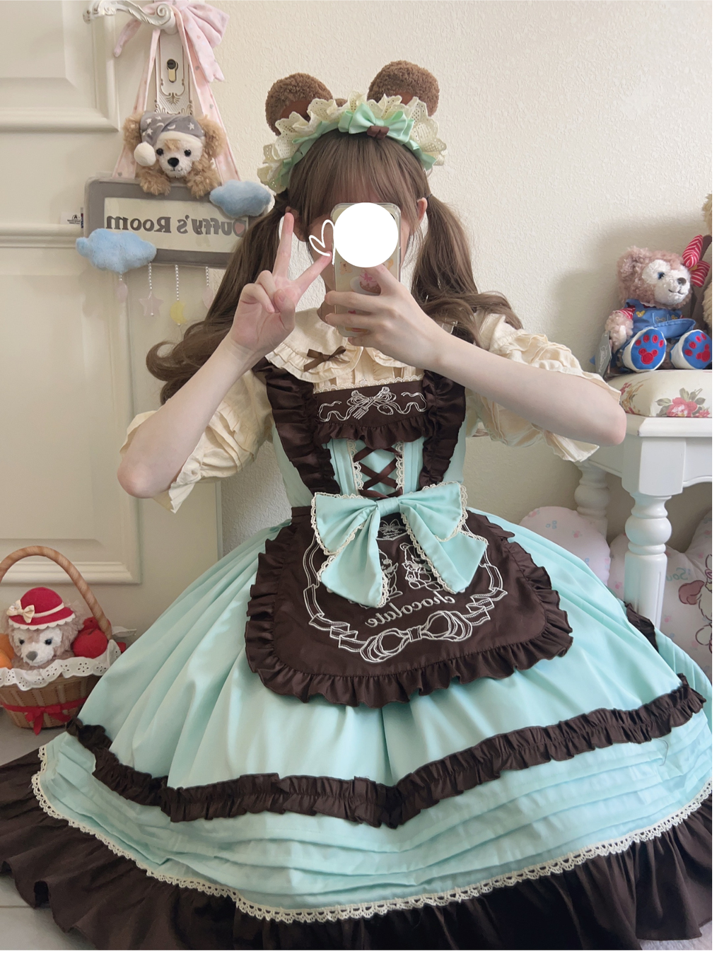 Sweet Lolita Bear Themed Mint Green Brown Ruffled Apron Cake Dress Party