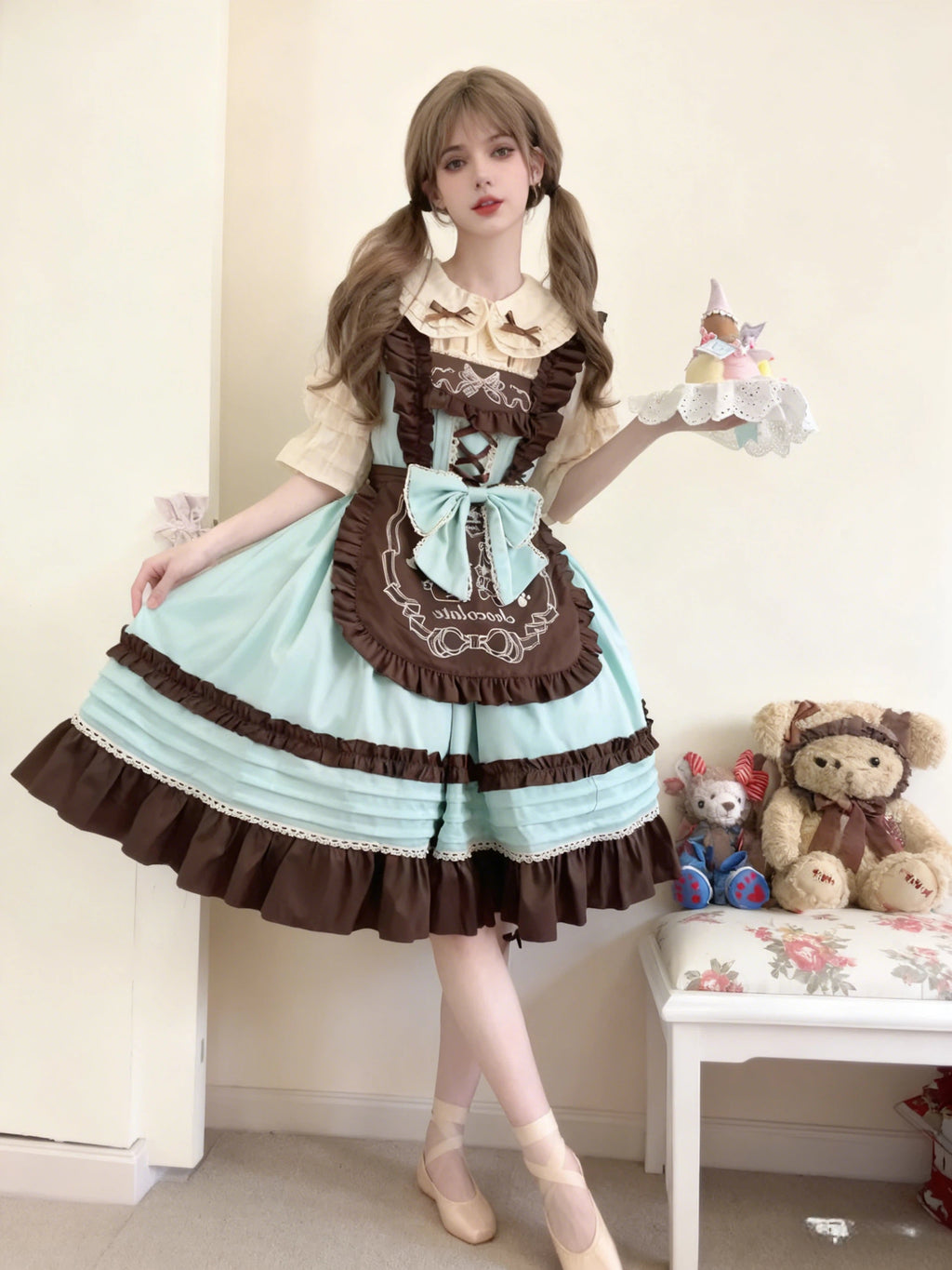 Sweet Lolita Bear Themed Mint Green Brown Ruffled Apron Cake Dress Party