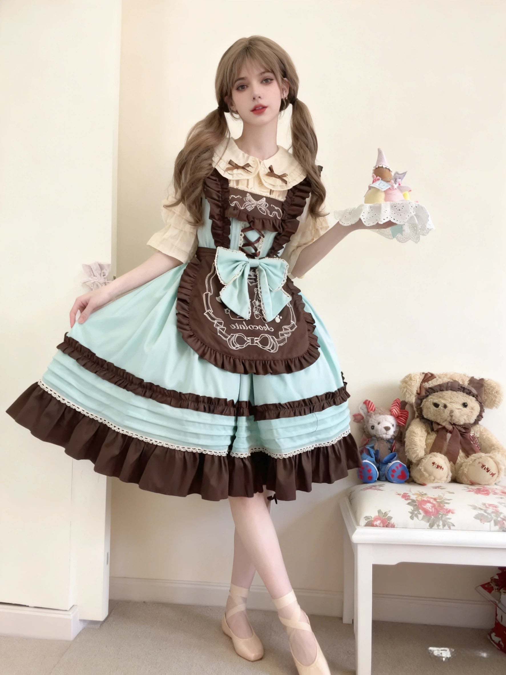 Sweet Lolita Bear Themed Mint Green Brown Ruffled Apron Cake Dress Party