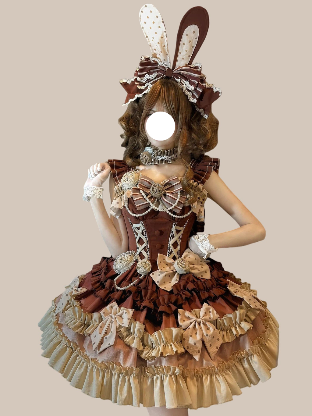 Sweet Lolita Bunny Themed Caramel Cocoa Chocolate Ruffled Lace One-Piece