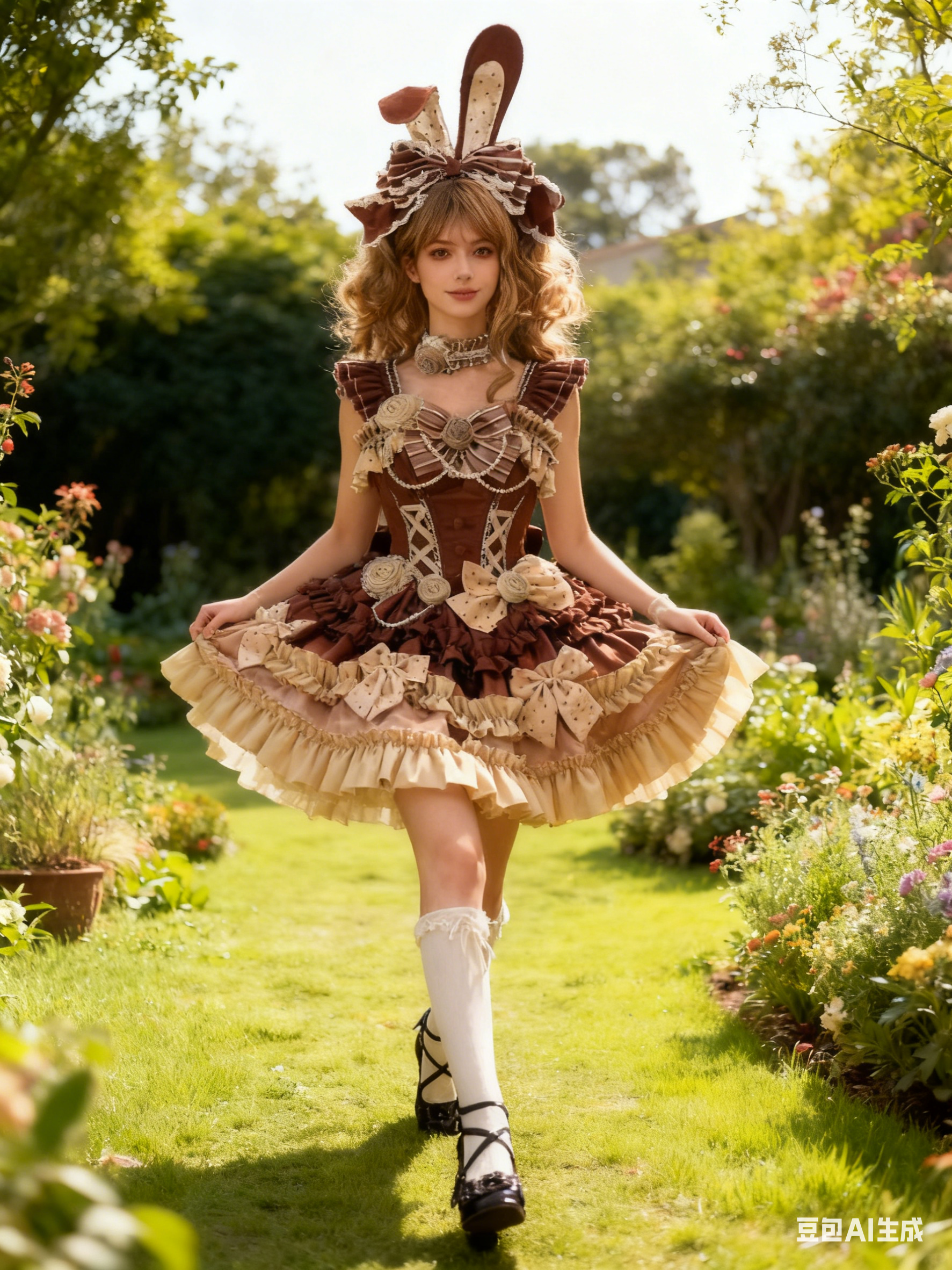 Sweet Lolita Bunny Themed Caramel Cocoa Chocolate Ruffled Lace One-Piece
