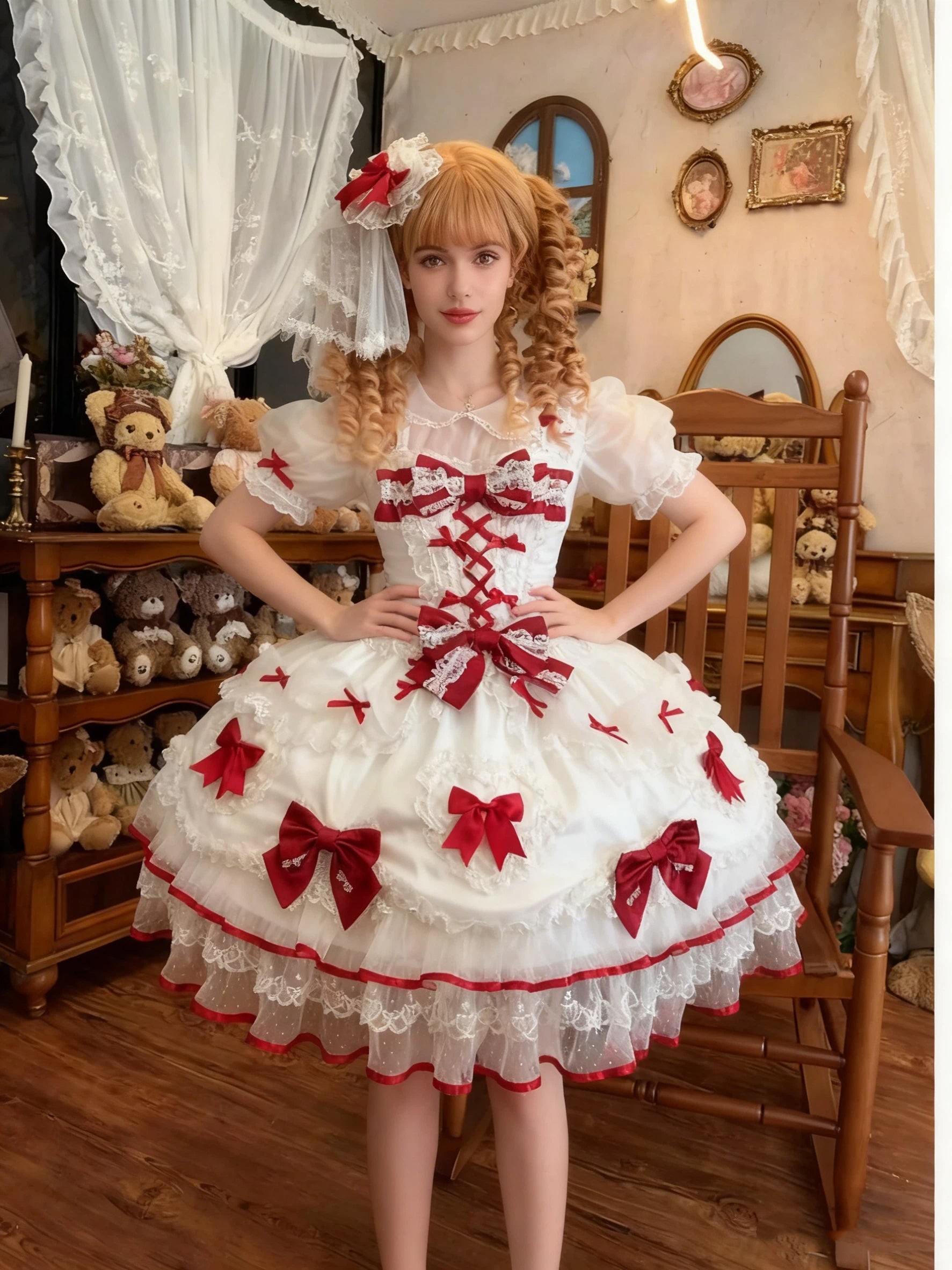 Sweet Lolita Burgundy Bow Dream Dress Ivory Ruffled Ball Gown Layer Dress