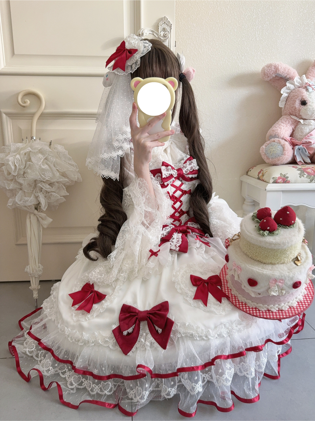 Sweet Lolita Burgundy Bow Dream Dress Ivory Ruffled Gown