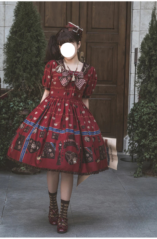 Sweet Lolita Chocolate Themed OP Dress Red Brown Print with Bow Accents