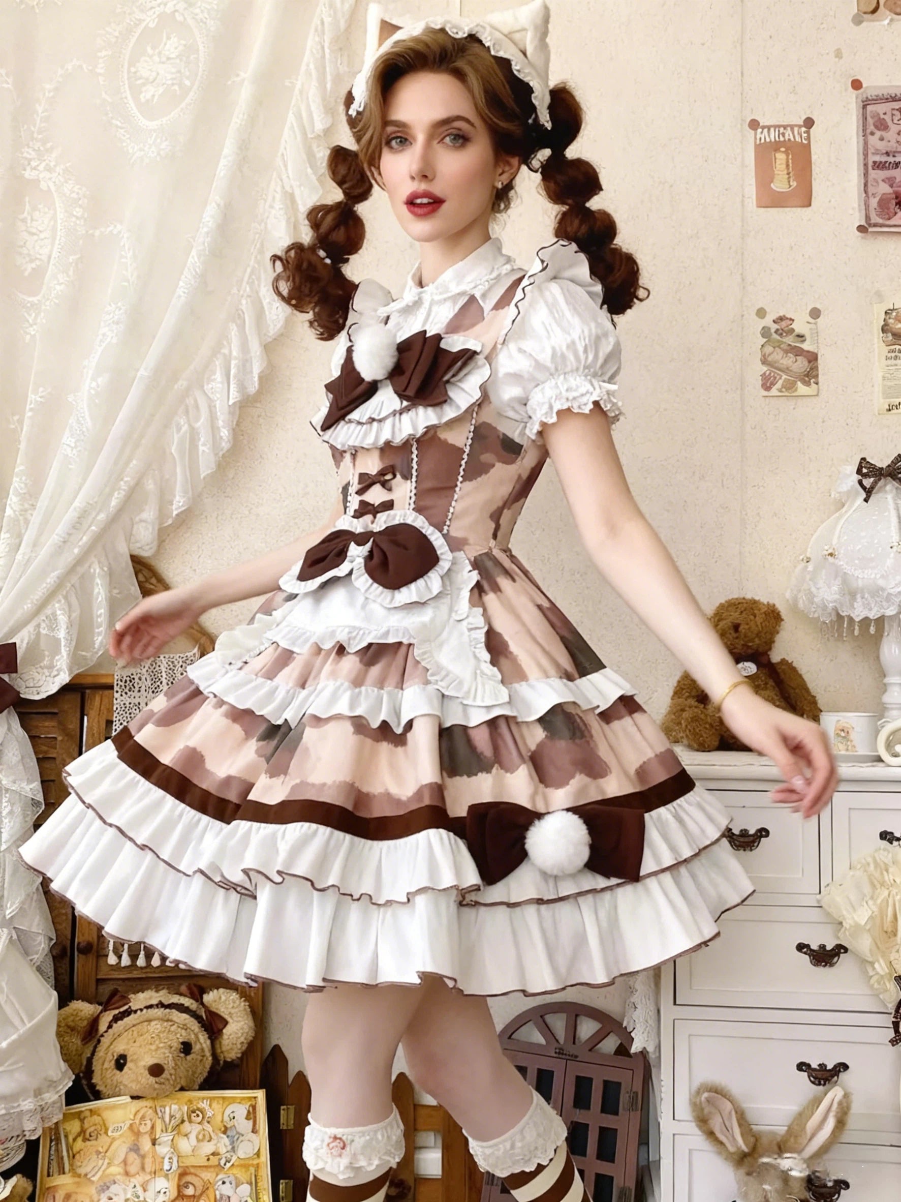 Sweet Lolita Cow Print Pink Brown Cake Cream Ruffled Dress with Bow Accents