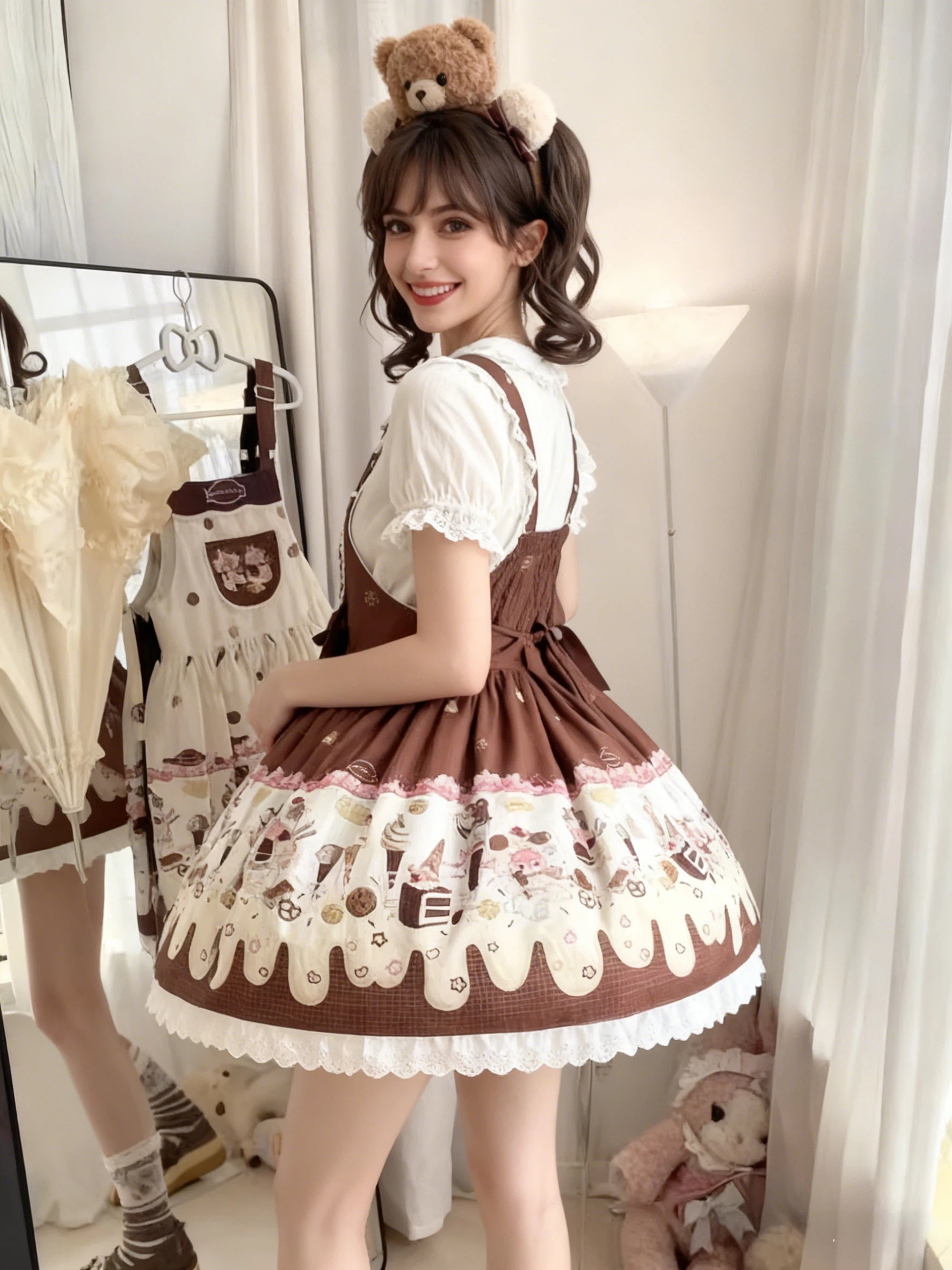 Sweet Lolita Dessert Print JSK Dress Chocolate Apron Style Jumperskirt