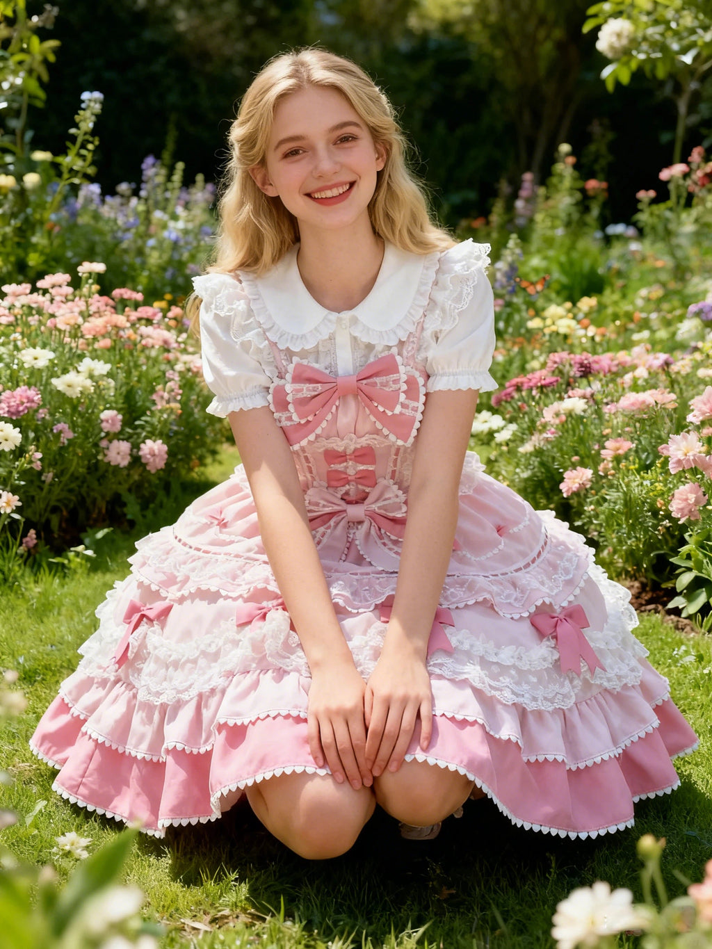 Sweet Lolita Pink Ruffled Bow Cake Dress Frilly Lace Princess Ball Gown for Party