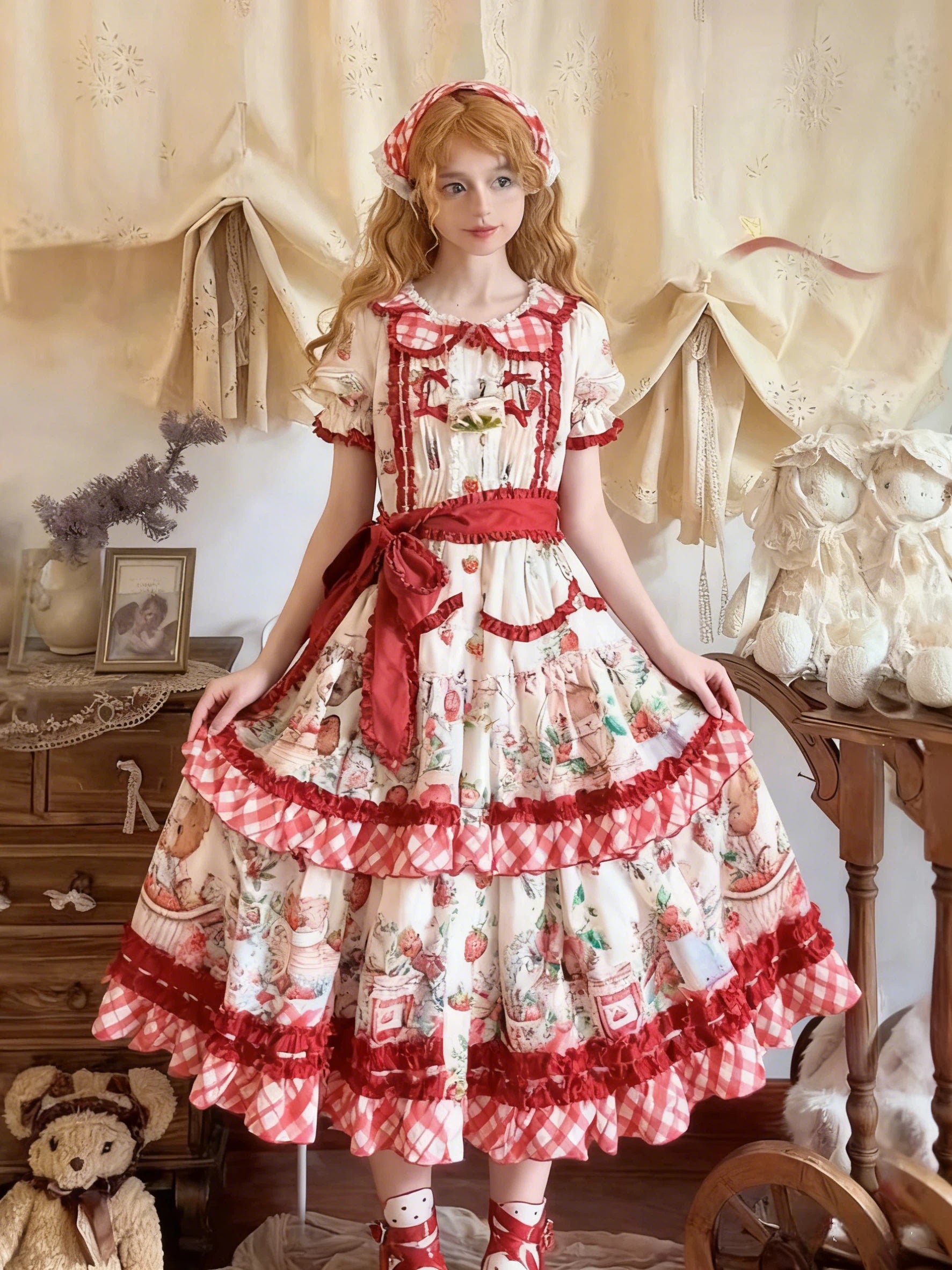 Sweet Lolita Picnic Strawberry OP Dress with Ruffles and Gingham Apron Details