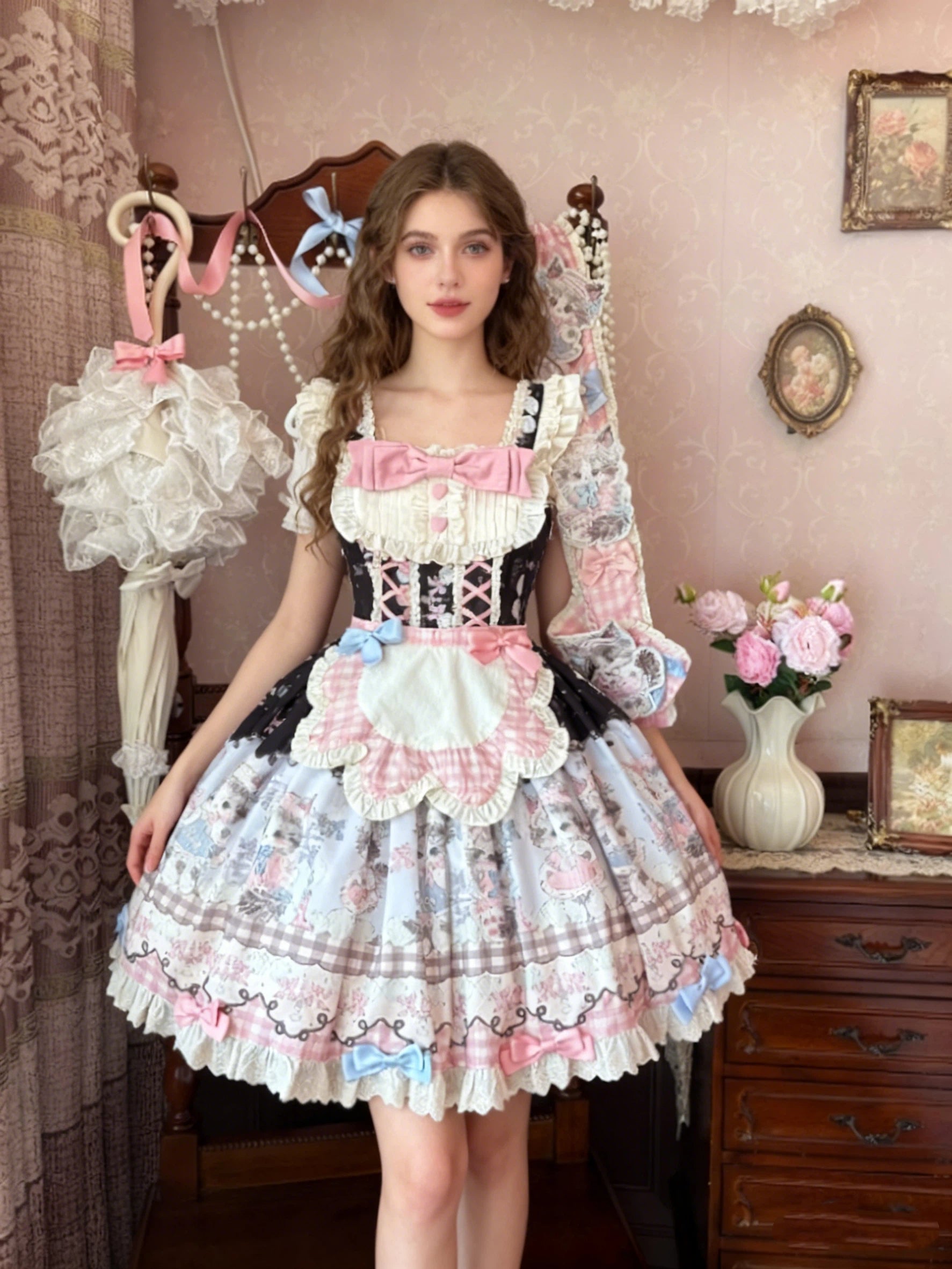 Sweet Lolita Pink Black Meow JSK Fluffy Cat Print Pastel Cake Dress 2 Colors