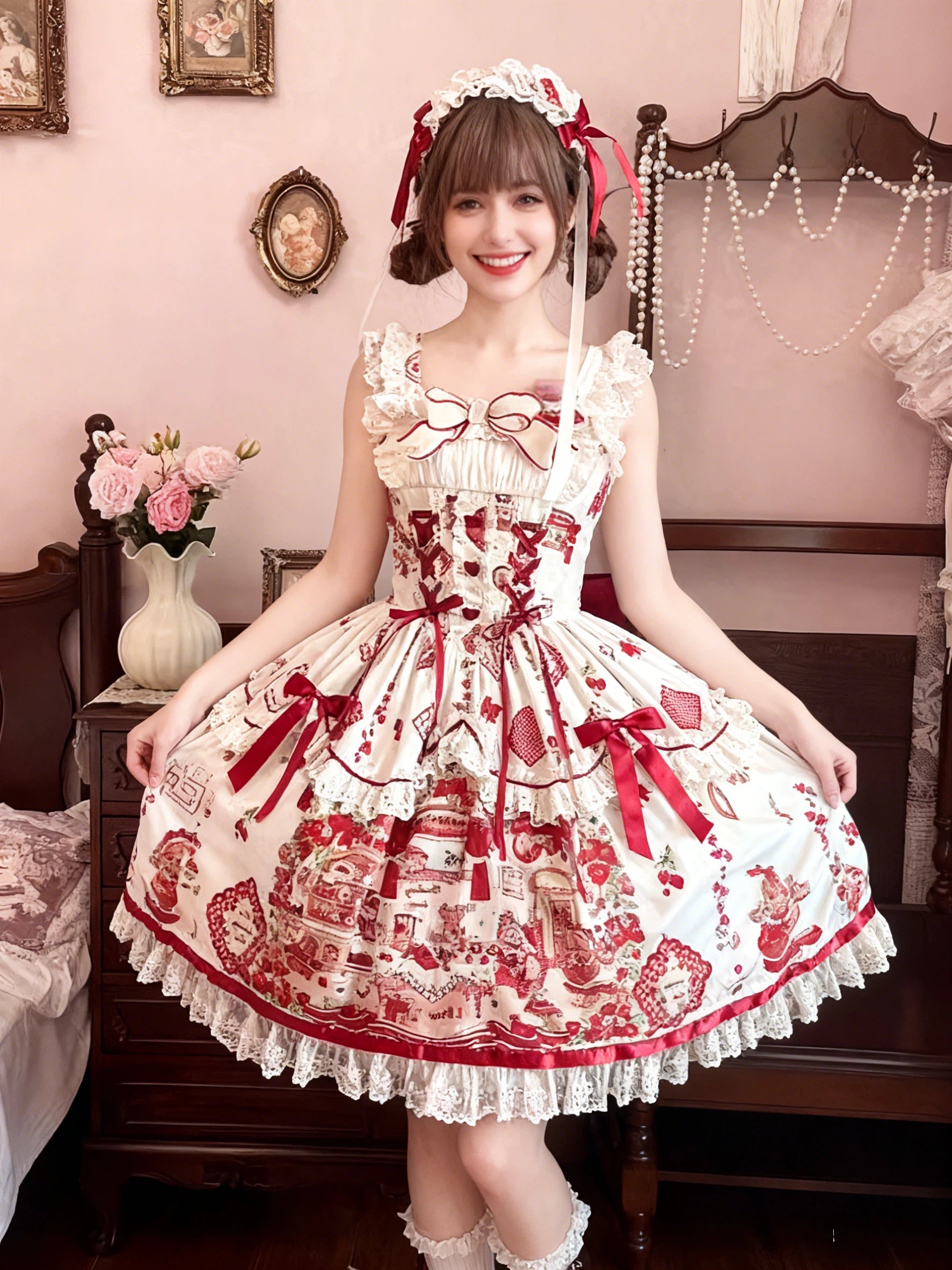 Sweet Lolita Red Castle Dress Ivory with Red Ribbon Lace Castle Print