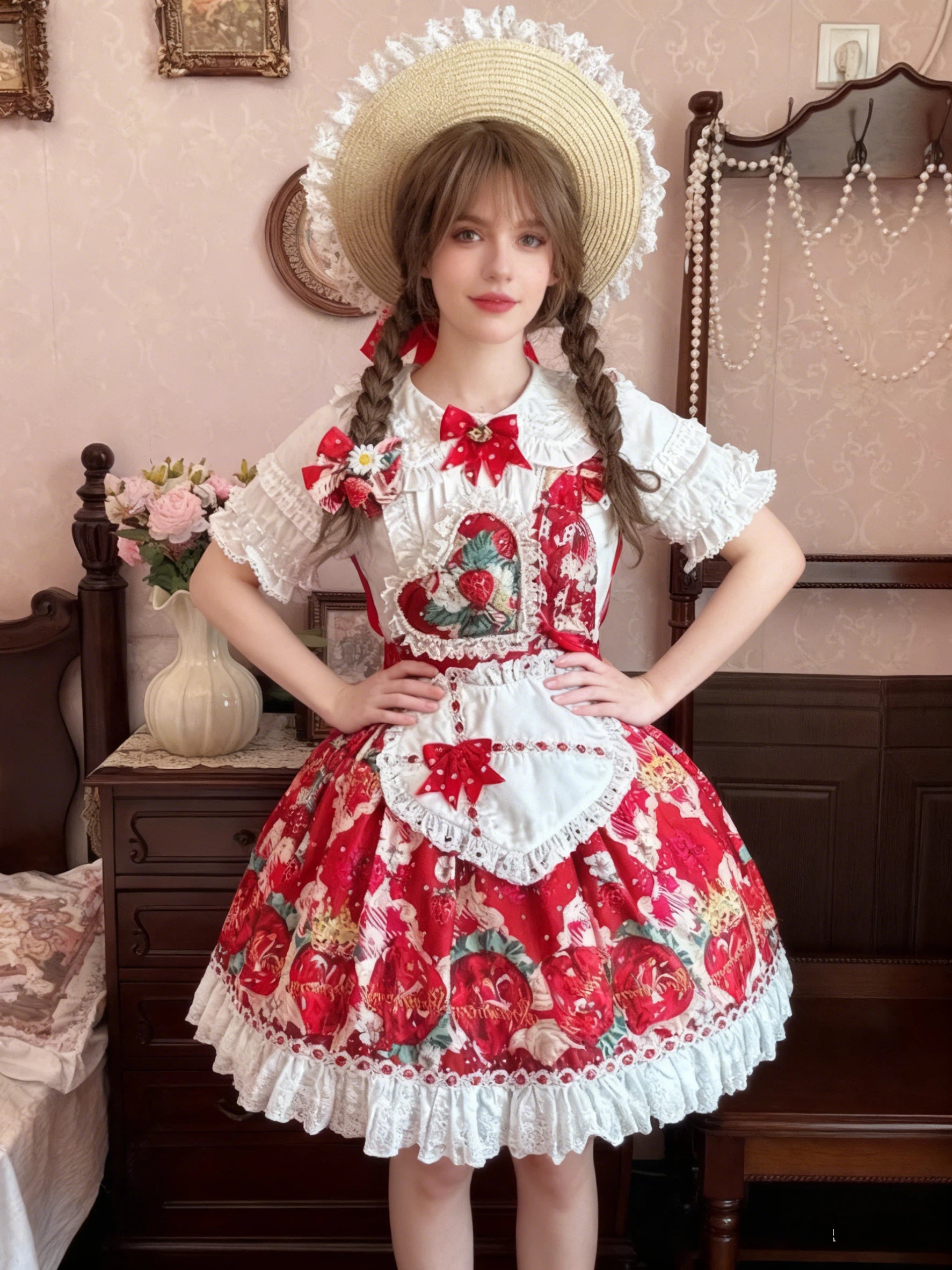 Sweet Lolita Strawberry Apron JSK Set Red Print with White Lace Inner Blouse