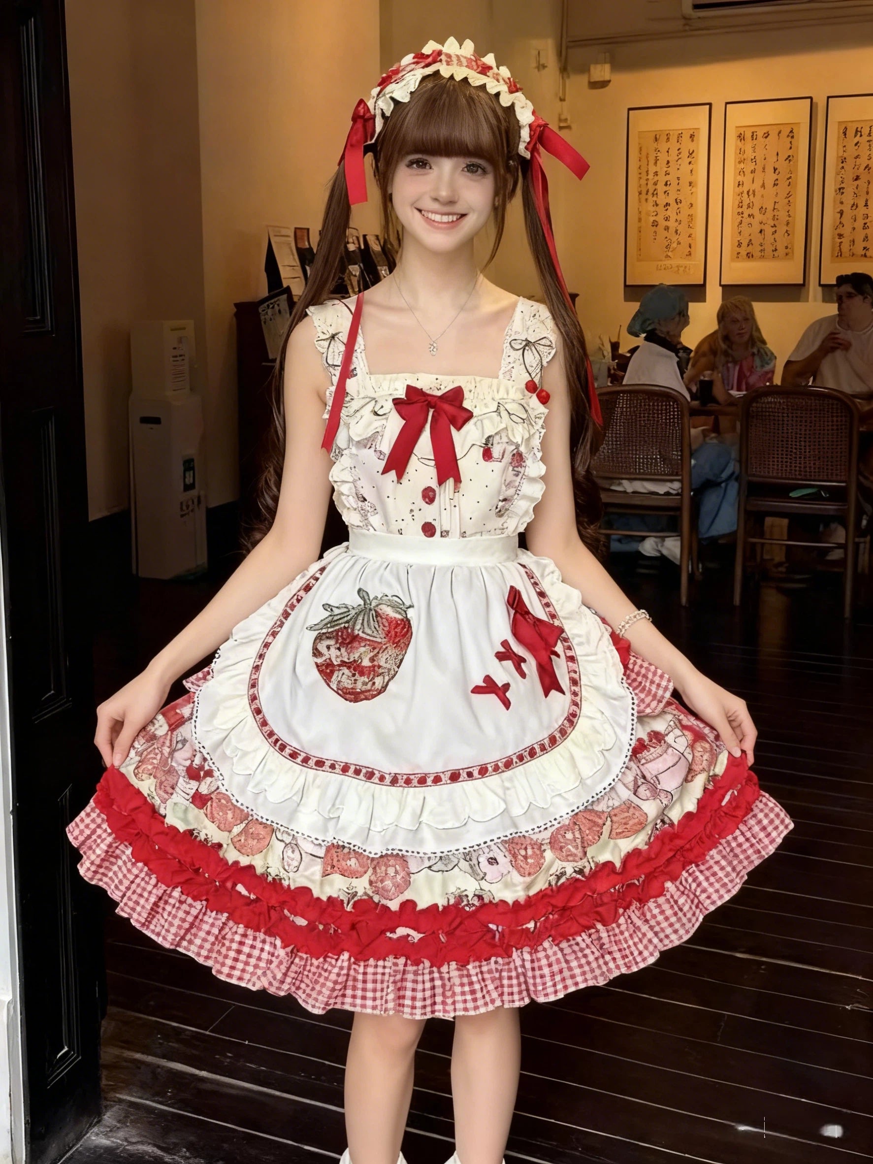 Sweet Lolita Strawberry Apron JSK Set Red White Ruffled Dress Headband