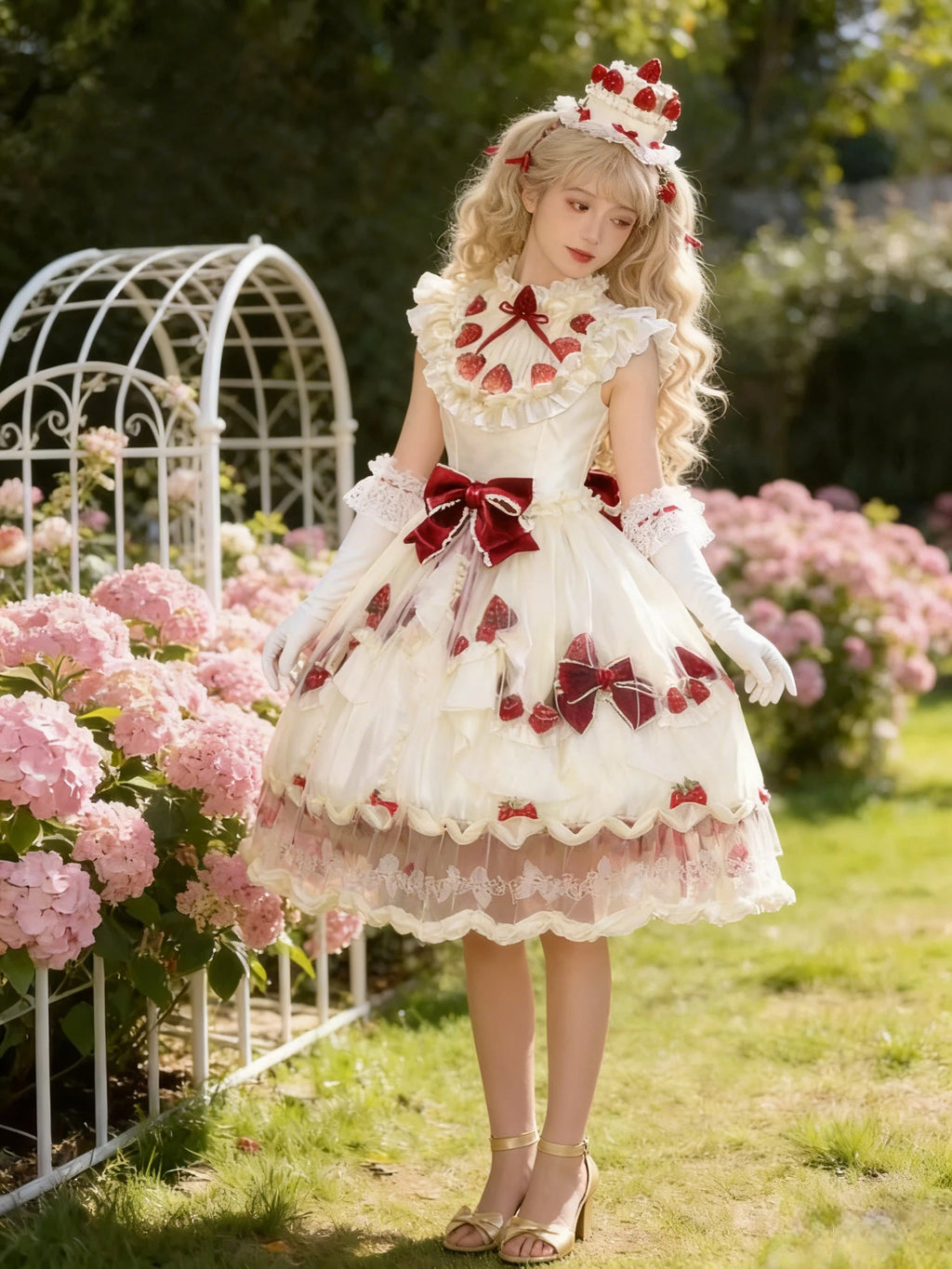 Sweet Lolita Strawberry Cream Ball Gown OP Luxury Tier Rococo Long Dress S-L