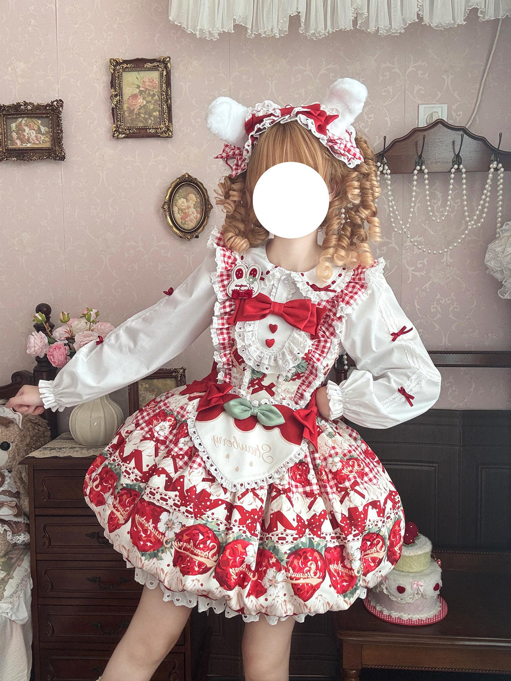 Sweet Lolita Strawberry Dessert Bunny JSK Dress with Ruffled for Tea Party