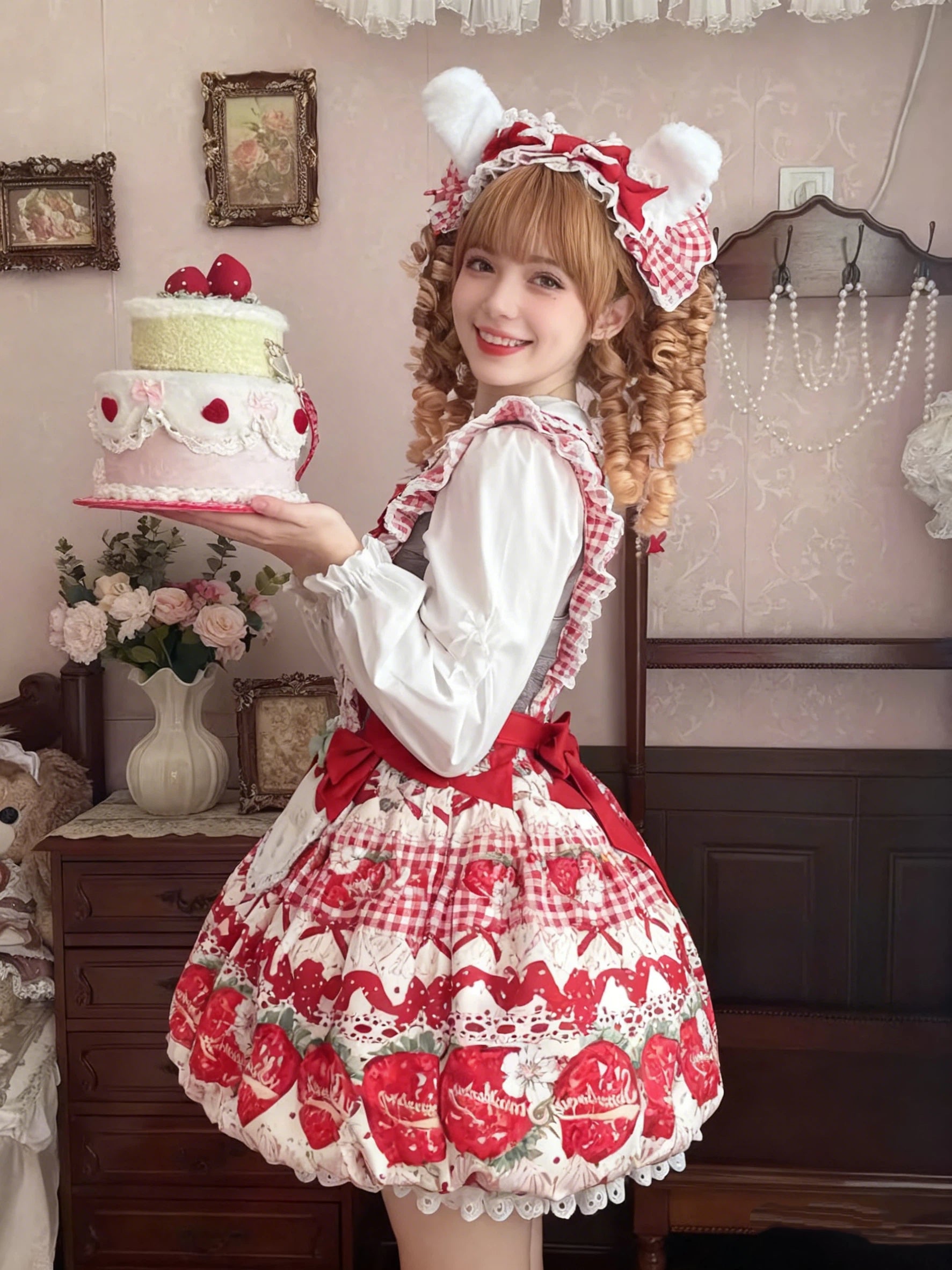 Sweet Lolita Strawberry Dessert Bunny JSK Dress with Ruffled for Tea Party