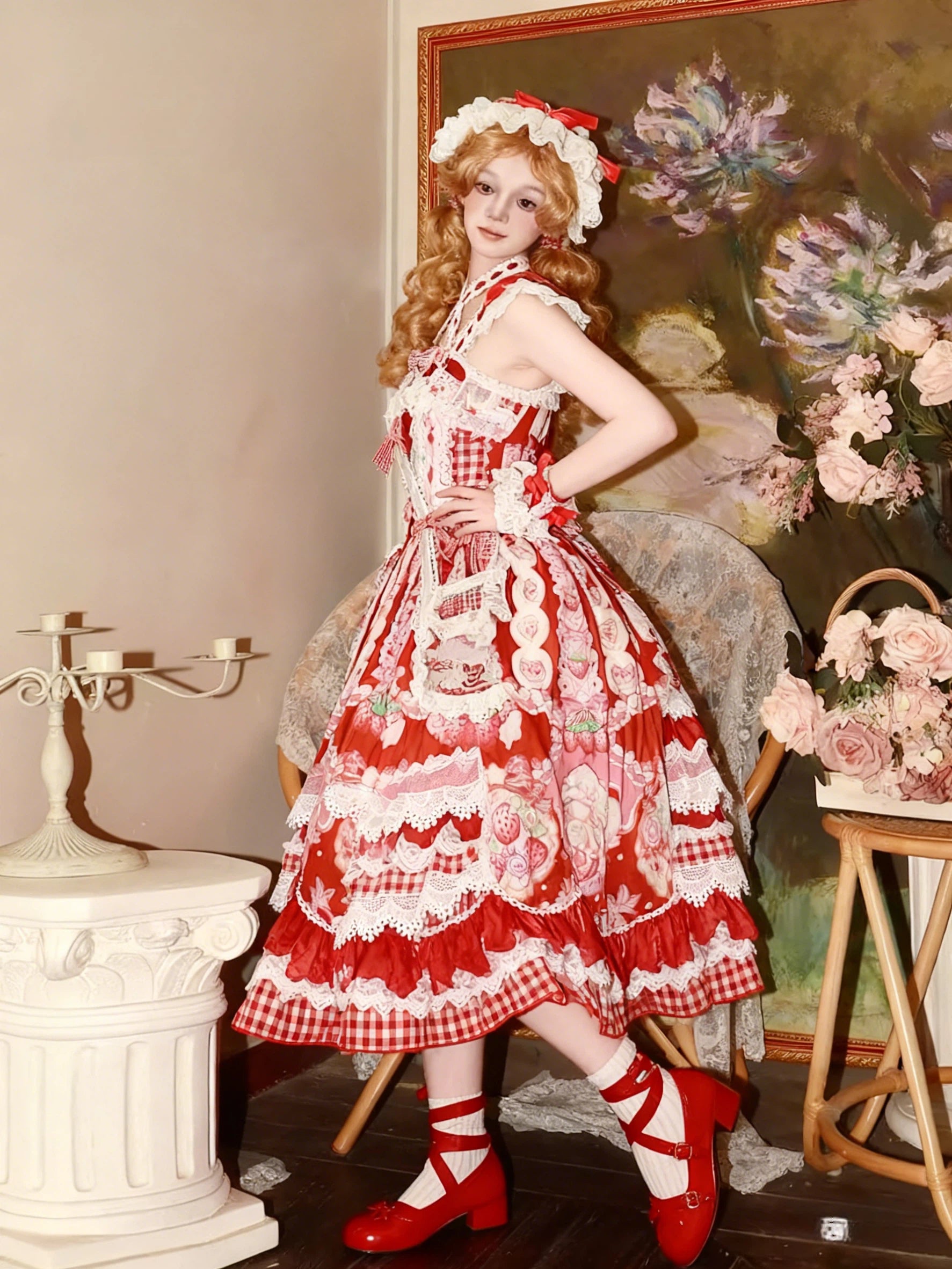Sweet Lolita Strawberry JSK Dress Red Pink Ruffled Lace Checked Print