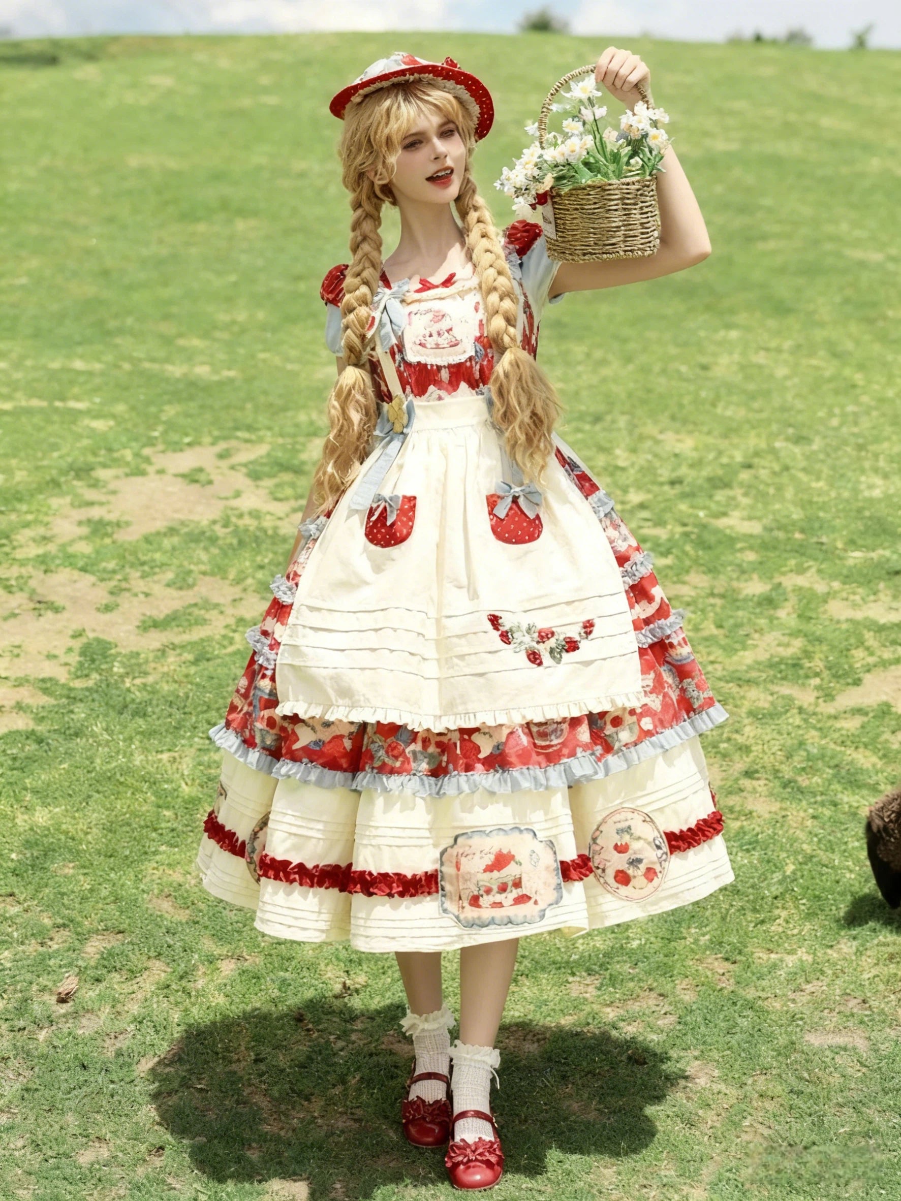 Sweet Lolita Strawberry Tart Dress Red White Rose Print Ruffled Apron