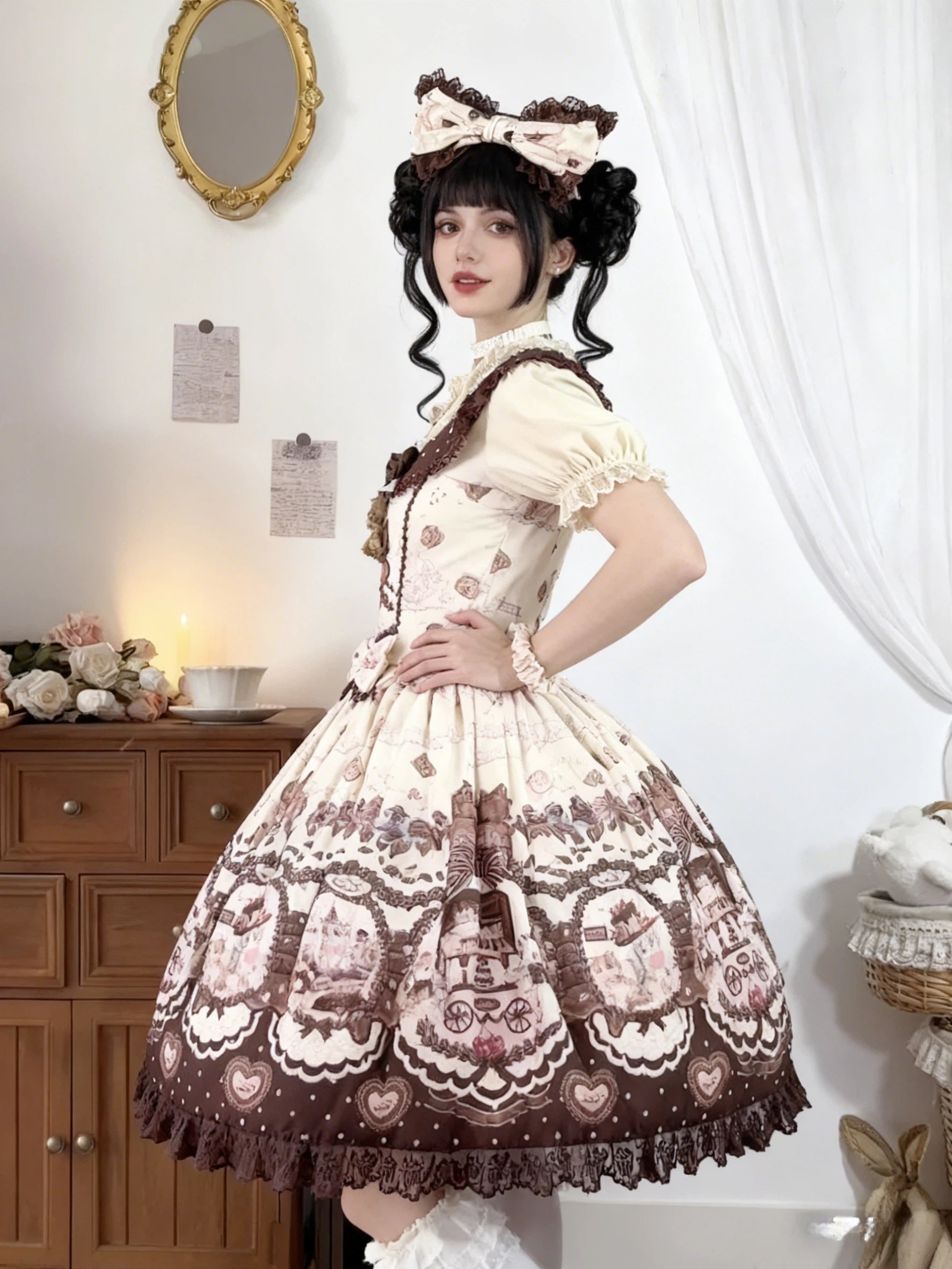 Sweet Lolita Teddy Bear Beige Cream Cake Dress Pink Plush Print Jumperskirt