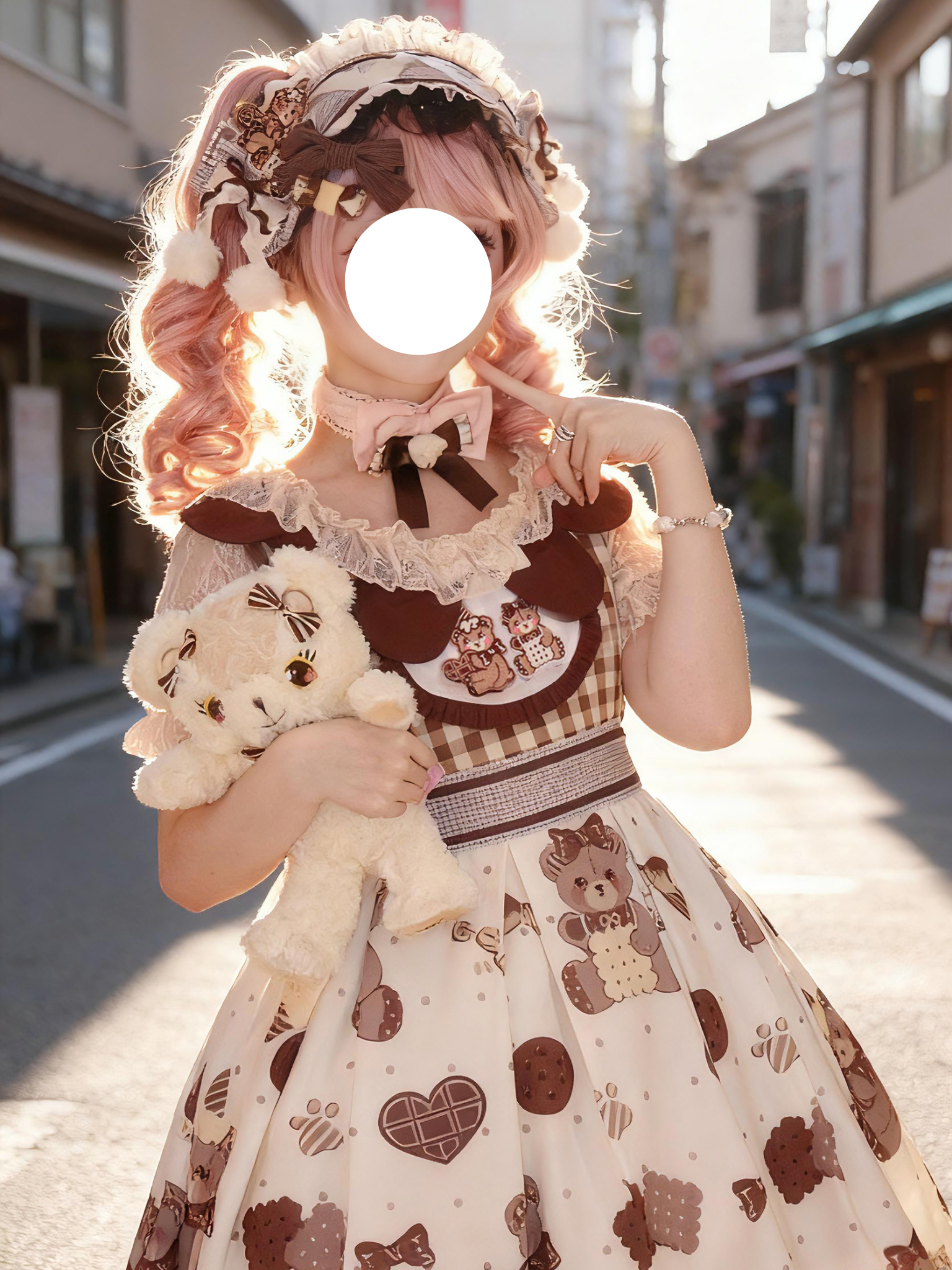 Sweet Lolita Teddy Bear JSK Dress Cream Brown Checked Print with Ruffled Sleeves
