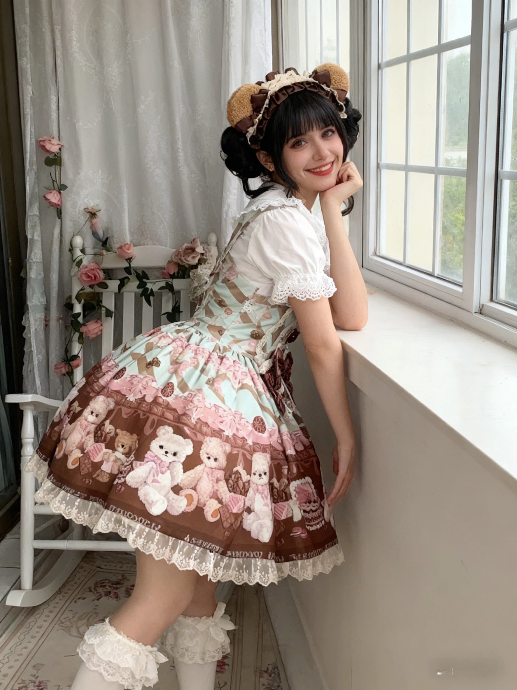 Sweet Lolita Teddy Bear Mint Green Cake Dress Plush Print Jumperskirt