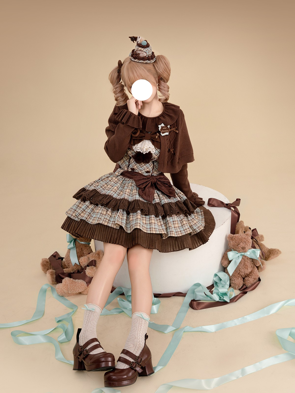 Sweet Lolita Vintage Plaid Chocolate Mint Checked Print with Bow Accents