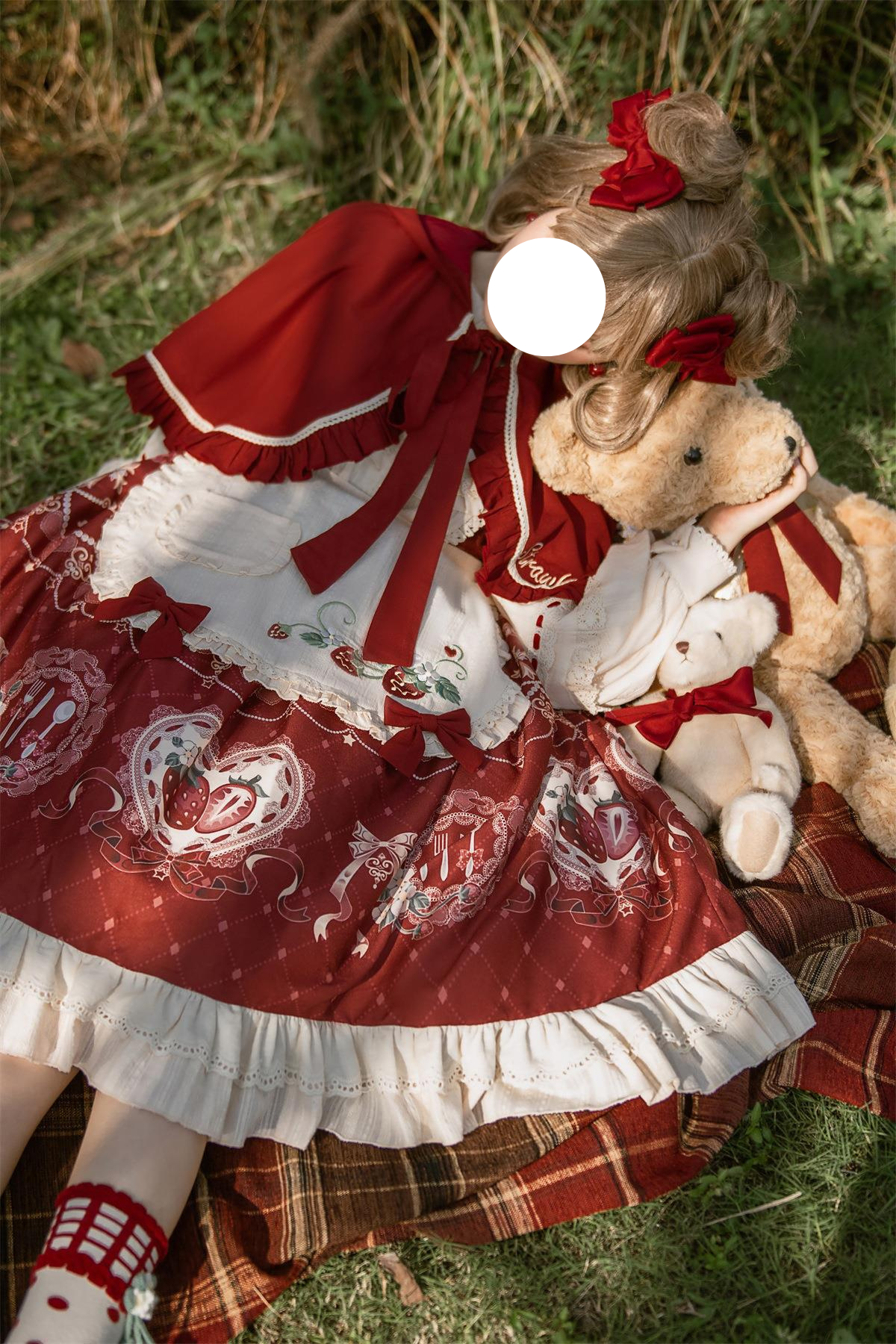 Sweet Lolita Strawberry OP Dress with Cape Burgundy Cream Ruffled Embroidery Set
