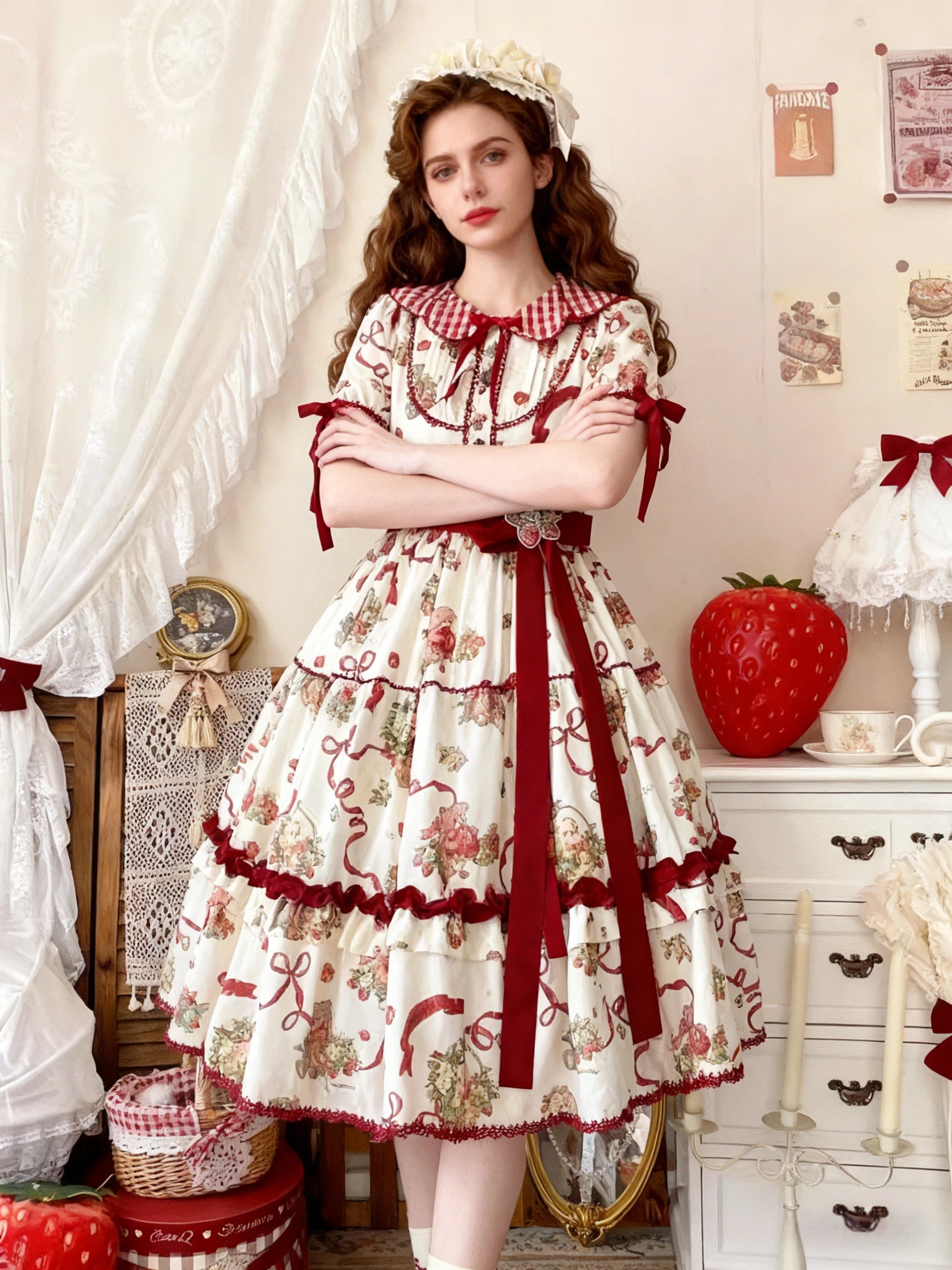 Sweet Lolita Bear Ribbon OP Dress Off-White with Burgundy Bow Checked Collar