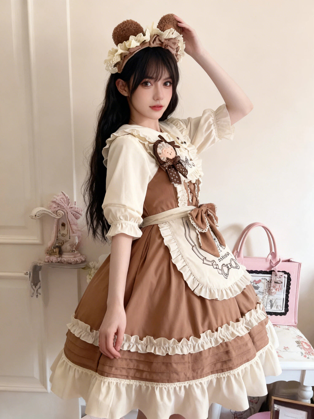 Sweet Lolita Bear Themed Chocolate Khaki Brown Ruffled Apron Jumperskirt
