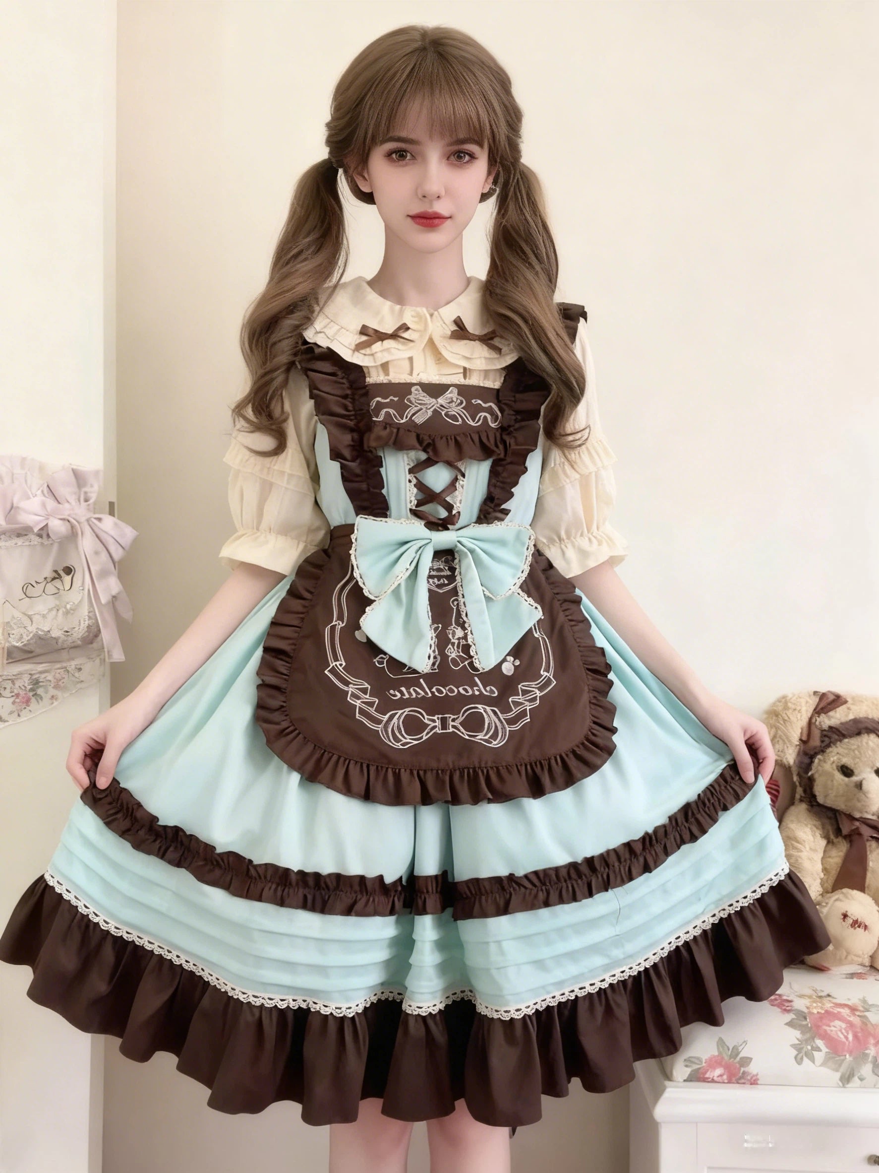 Sweet Lolita Bear Themed Mint Green Brown Ruffled Apron Cake Dress Party