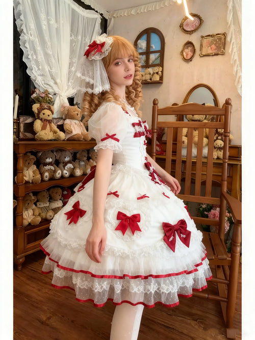 Sweet Lolita Burgundy Bow Dream Dress Ivory Ruffled Ball Gown Layer Dress
