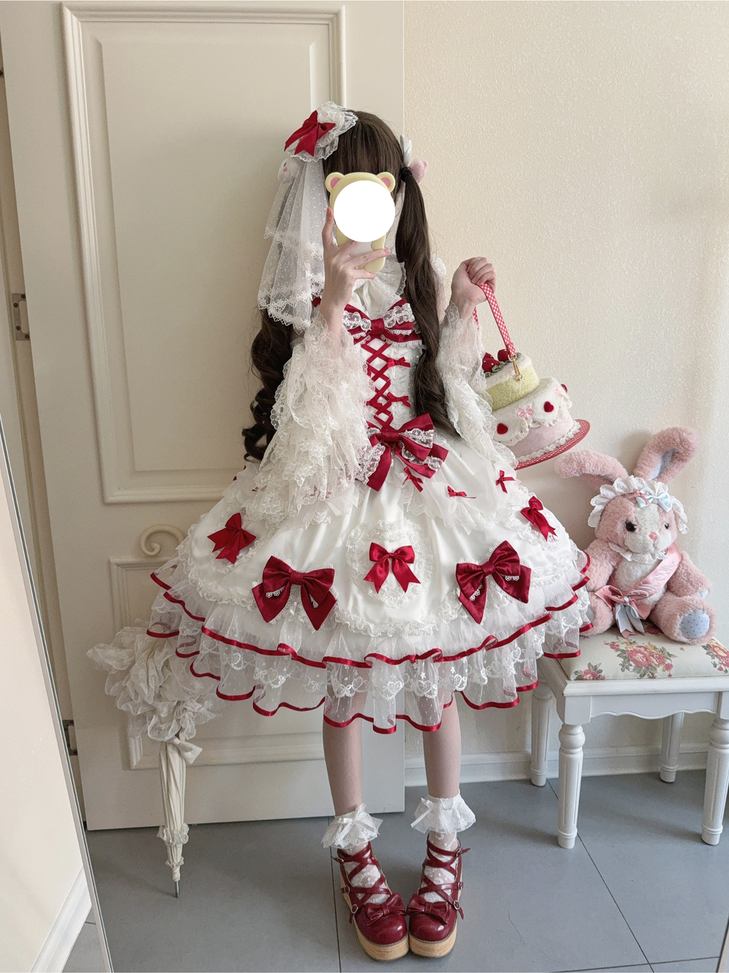 Sweet Lolita Burgundy Bow Dream Dress Ivory Ruffled Gown